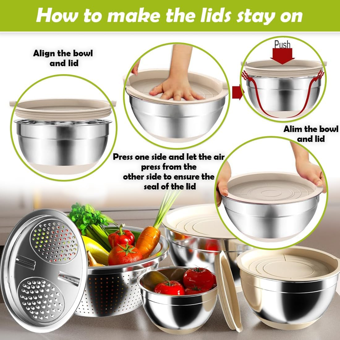 Stainless Steel Mixing Bowl Set with Airtight Lids, Non-Slip Base & Multi-Functional Colander, 3 Sizes (1.5, 2.5, 6 QT) for Baking, Cooking & Food Storage, Includes Grater Attachments image number 3