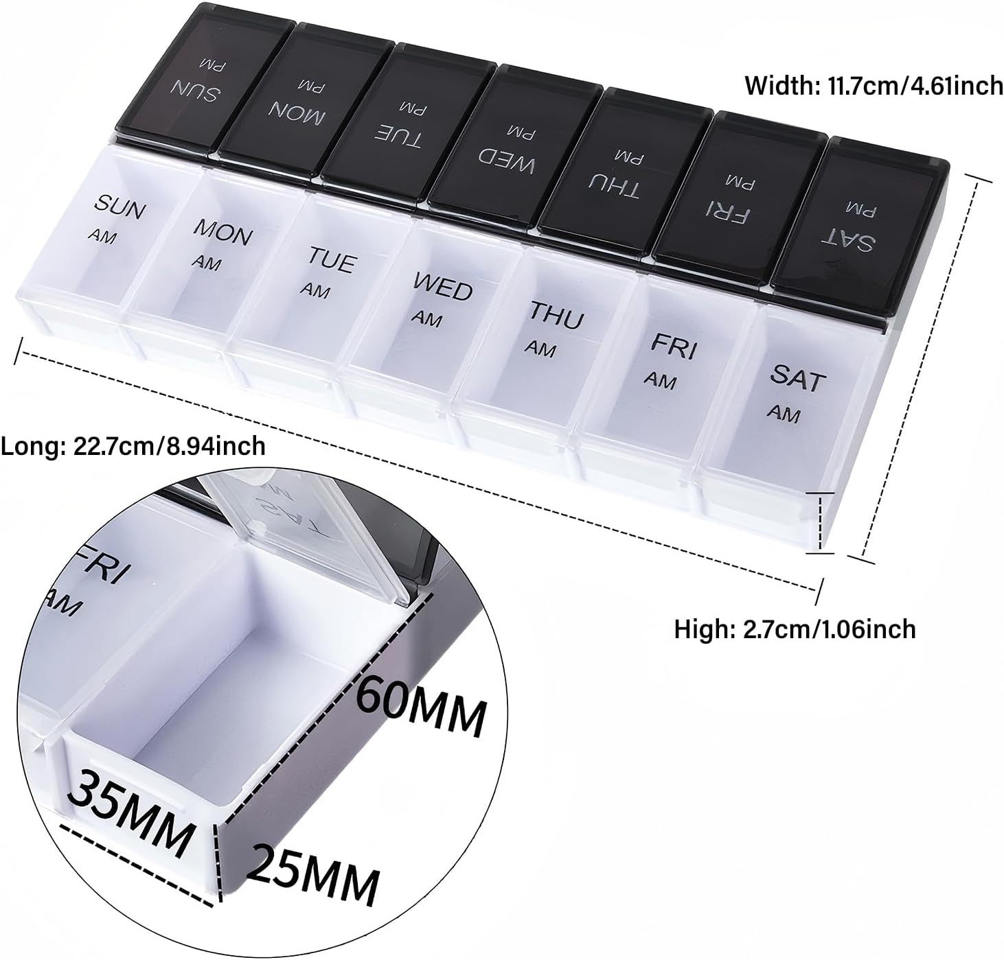 Push Button Pill Organizer 2 Times a Day, AM PM Pill Box 7 Day, 14 Compartments Pill Dispenser, Transparent Large Weekly Pill Container (Black and White) image number 6