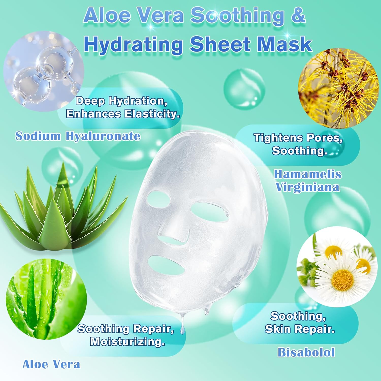Belluxe 5-Pack Aloe Vera Sheet Face Masks Skincare for Sensitive Skin, Hydrating Korean Facial Mask for Soothing and Moisturizing, Face Mask Set for Women and Men image number 2