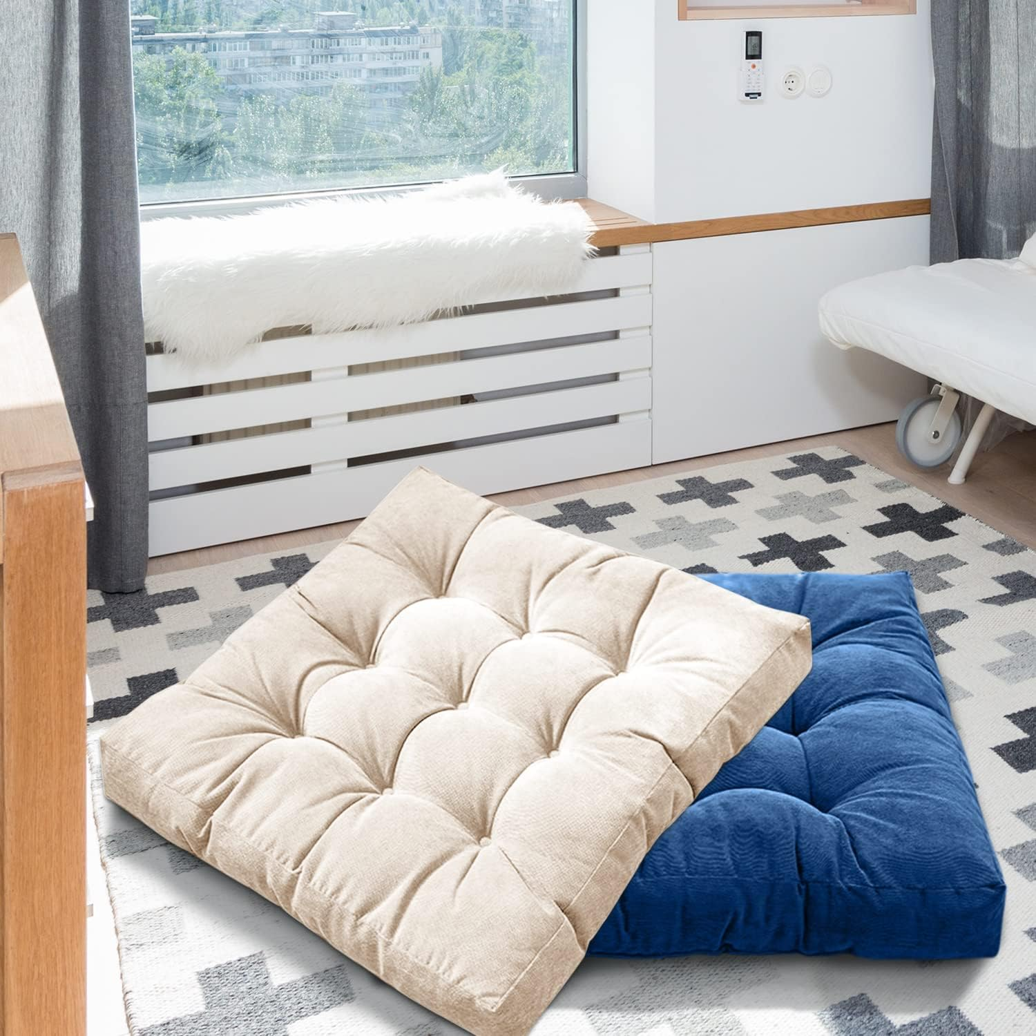 Floor Pillow, Square Meditation Cushion for Seating on Floor Solid Thick Tufted Seat Cushion Meditation Pillow for Yoga Living Room Bed Balcony Sofa Outdoor, Beige, Cushion 22X22 Inch - Darkgrey image number 5