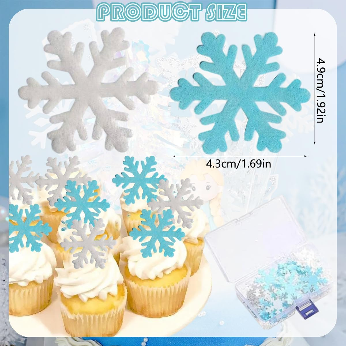 50 Pcs Edible Snowflake Cupcake Toppers Christmas Winter Cake Toppers White Blue Snowflakes Cake Decoration for Christmas Winter Frozen Birthday Theme Party Supplies image number 4