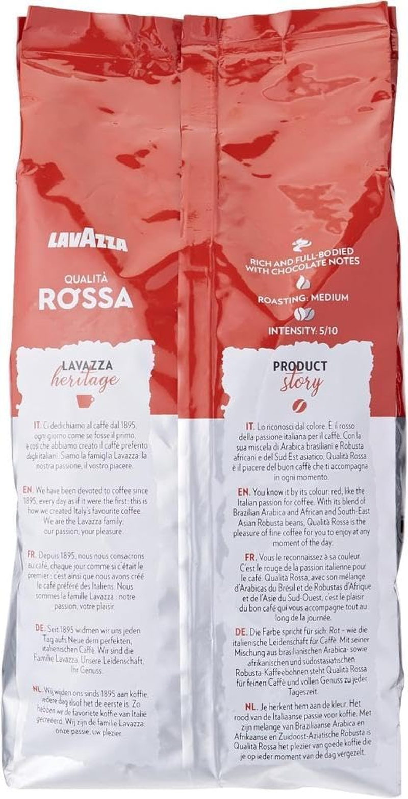 Lavazza, Qualit&agrave; Rossa, 1 Kg, Coffee Beans, Ideal for Espresso Coffee Machines, with Aromatic Notes of Chocolate and Dried Fruit, Arabica and Robusta, Intensity 5/10, Medium Roasting
