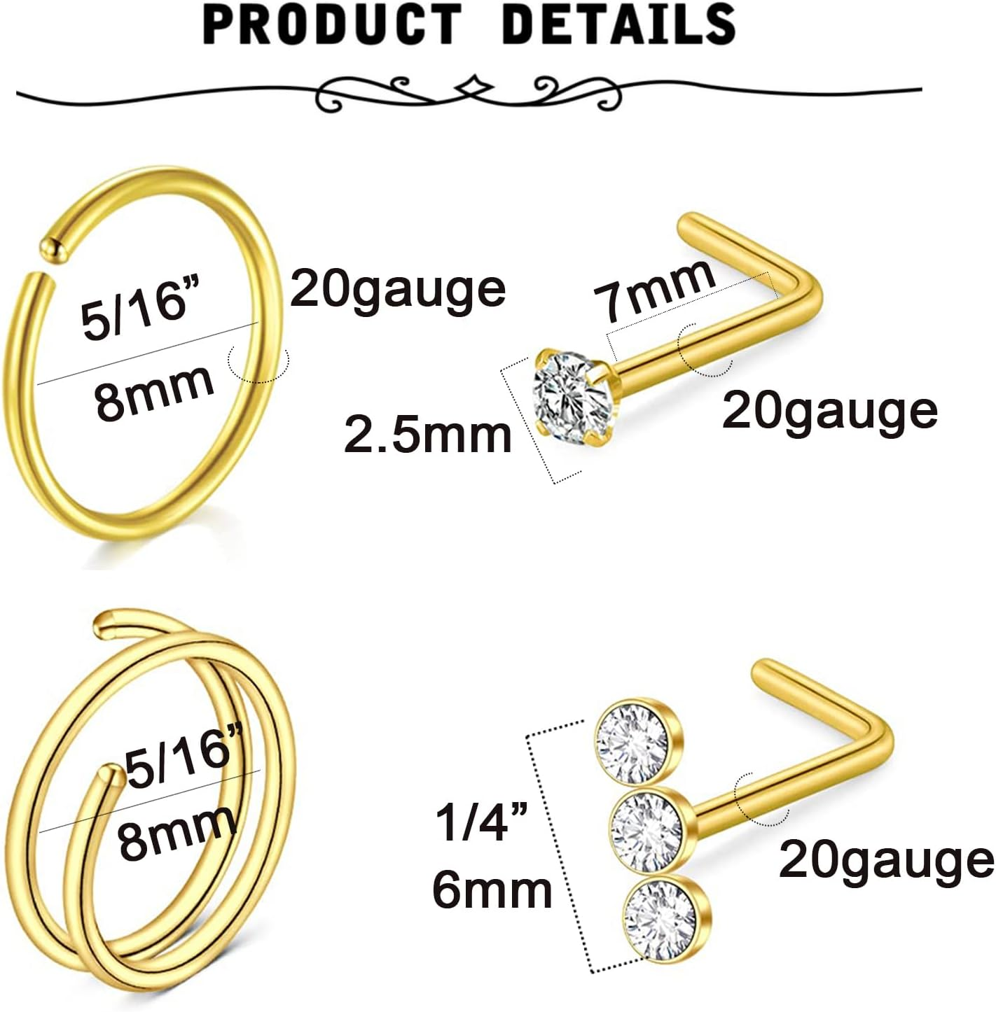 MODRSA Nose Rings Nose Rings Hoops Nose Ring Surgical Steel Nose Piercings Jewelry Double Hoop Nose Rings for Women Silver Gold Nose Rings 20 Gauge - A1 - Silver image number 6