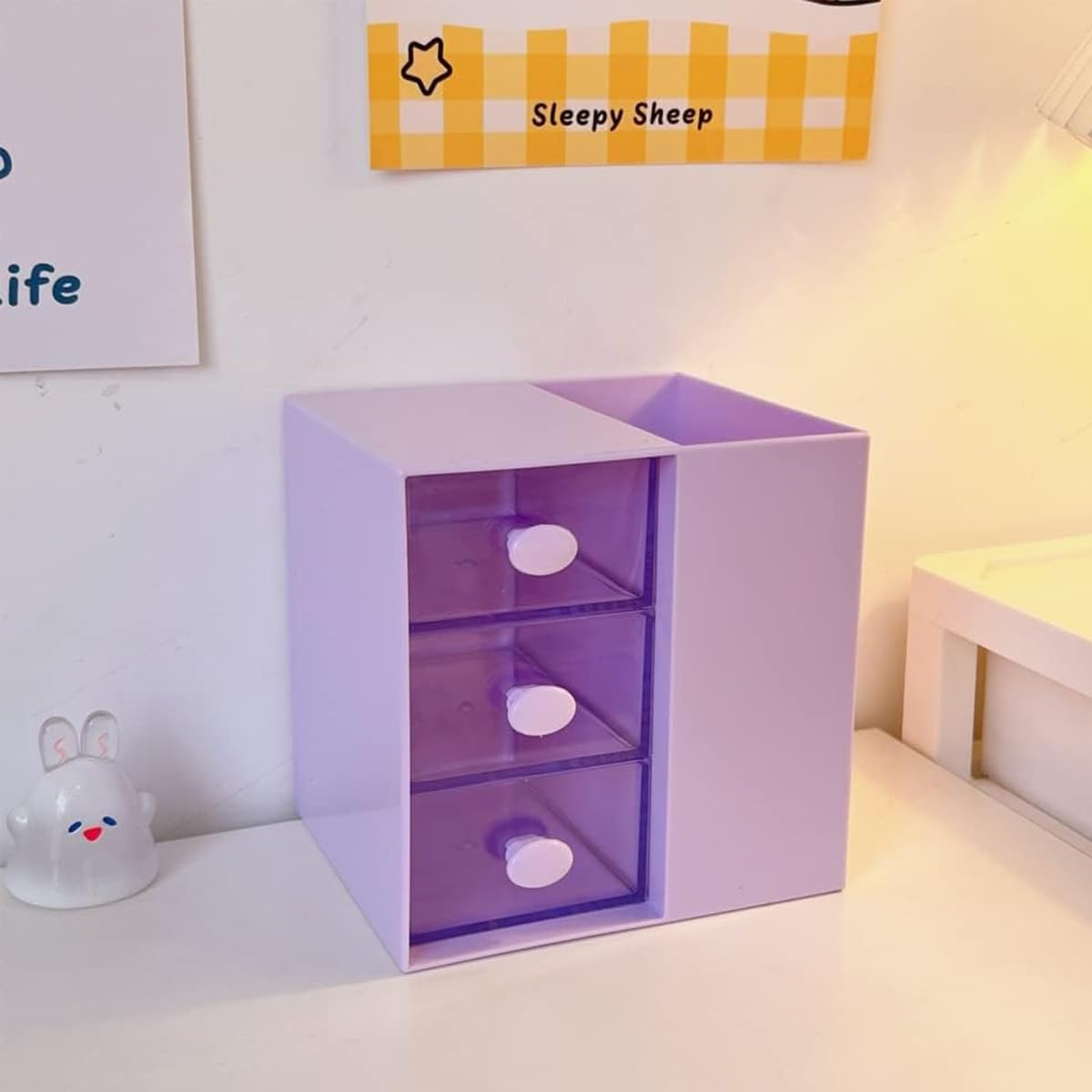 AIMALL 3-Drawer Pen Organizer, Multi-Purpose Purple Storage Box, Plastic Cosmetic & Office Supplies Holder, Versatile Desk Organization for Home, Office, Classroom &ndash; 4.64In X 3.93In image number 6