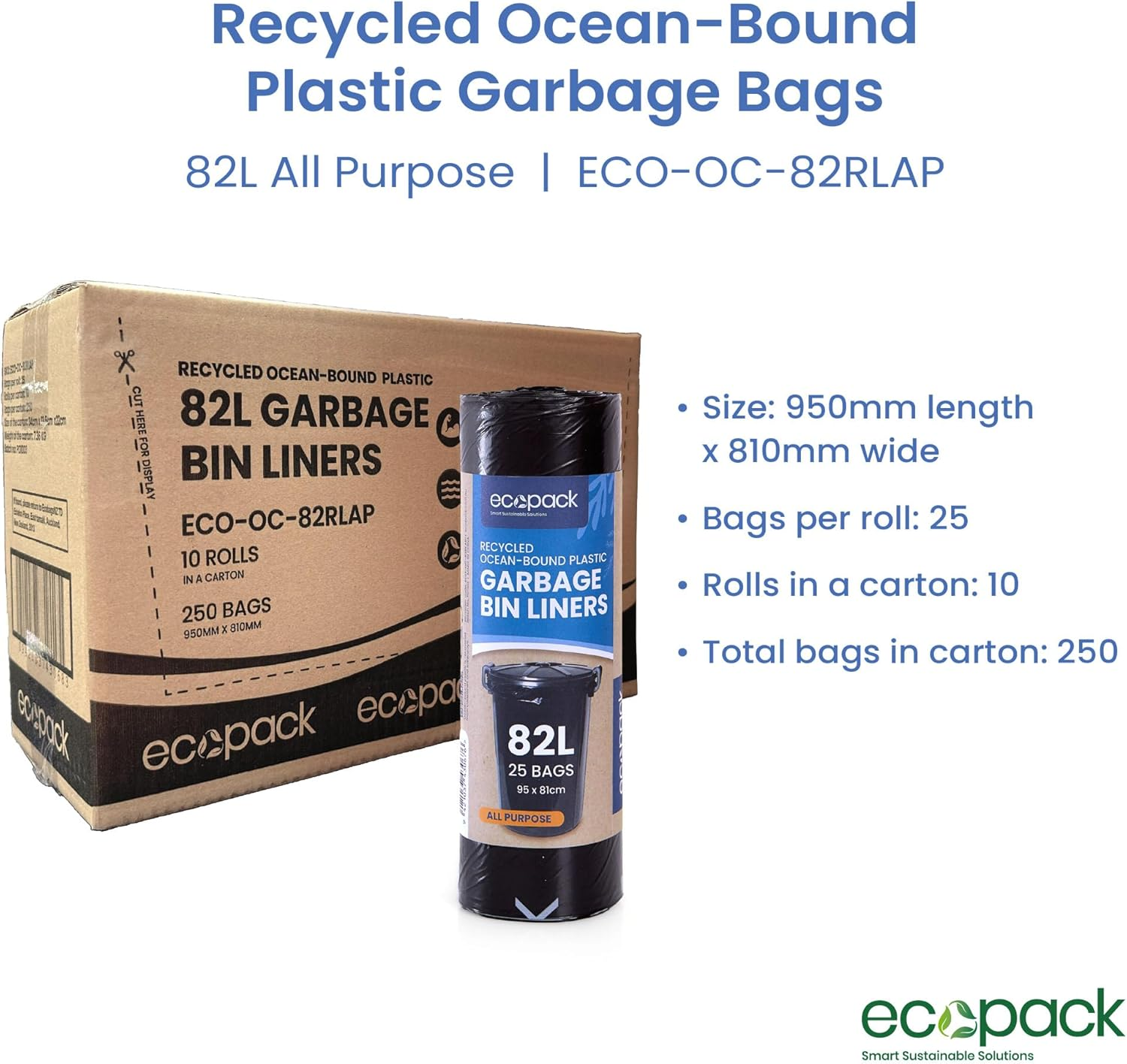 Ecopack Recycled 82L Bin Liners |250 Bags |Strong,Leak Proof Recycled Plastic Garbage Bags | All Purpose Rubbish Bags for Commercial Bins, Household & Cleaning |10 X Rolls of 25 Bin Bags image number 6