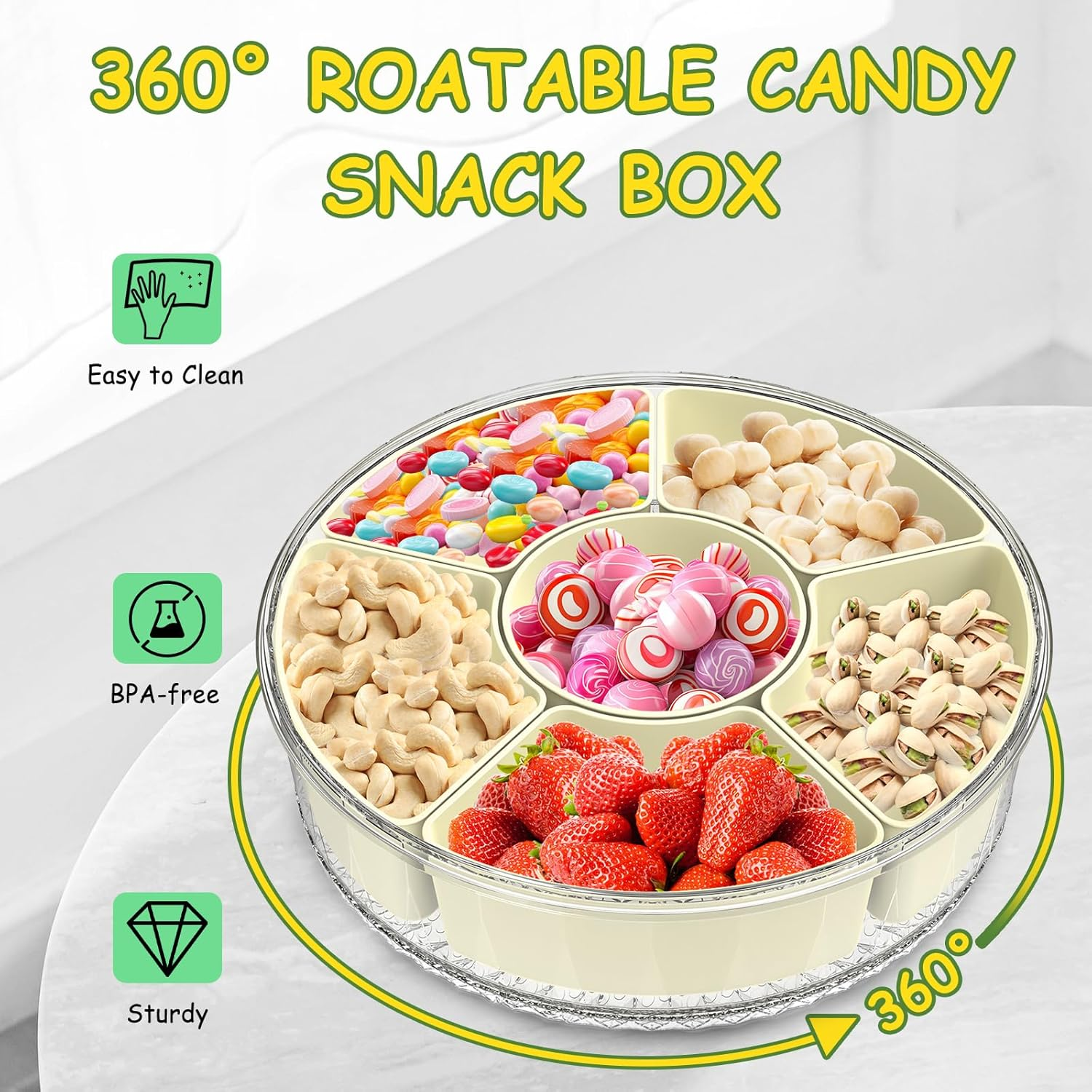 Giecy Snack Box with Airtight Lid & Handle - Divided Serving Tray Rotatable Snack Container for Home Kitchen Outdoor Travel Foods, Fruits, Candies, Nuts, Spices - 6 Compartments image number 2