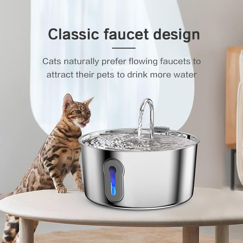 Cat Water Fountain Stainless Steel 4 L for Cats inside -Automatic Dog Watering Dispenser Bowl - Pet Feeding with LED Faucet Water Level Window Ultra Quiet Pump image number 6