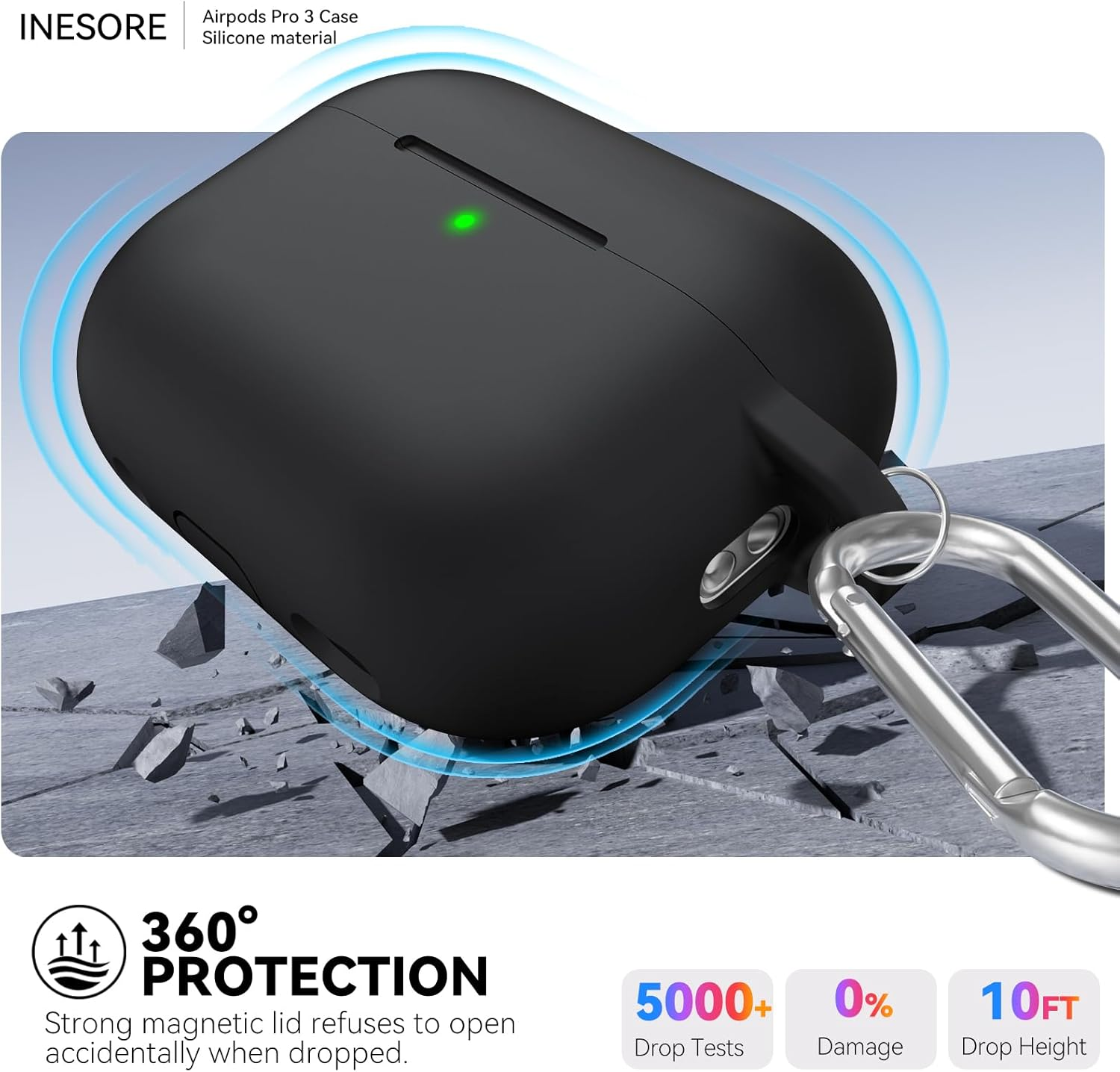 Inesore for Airpods Pro 3 Case Cover (2025) with Magnetic Lid Lock, Soft Silicone Case Compatible with Airpods Pro 3Nd Generation, Accessories with Cleaning Kit and Keychain -Black image number 5