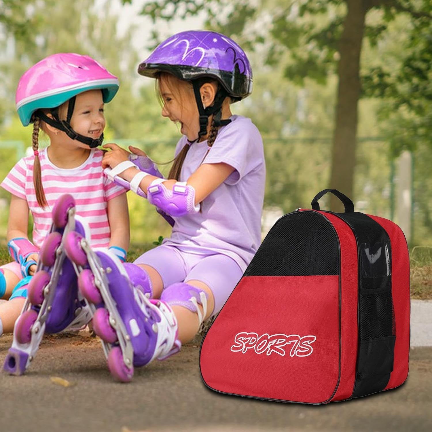 Inline Skate Bag | Inline Skate Tote Bag for Roller Skating,Oxford Cloth Shoes Carrier Pouch Organizer for Child, Teenager, Kids, Adult - Red image number 2