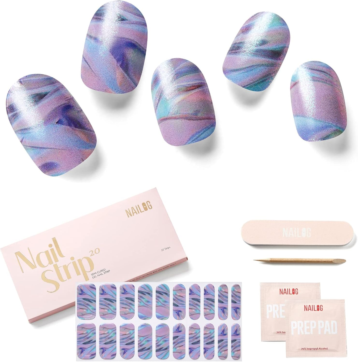 NAILOG Semi Cured Gel Nail Strips (20 Extra Long Nail Stickers) | Glossy & Long Lasting Soft Gel Finish Nail Wraps| Pearlescent Purple & Blue Holographic | La Plage image number 1