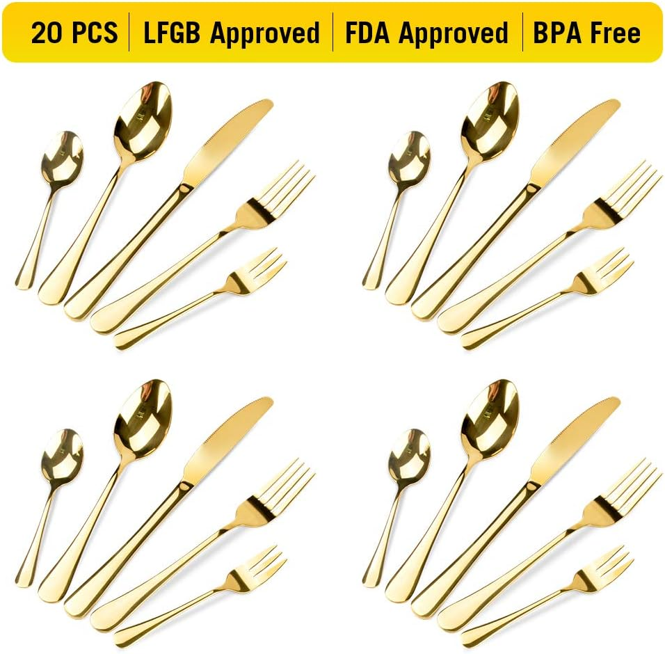 Oziral 20-Piece Gold Cutlery Set - 4 Knife, 4 Fork, 4 Spoon, 4 Salad Fork, 4 Teaspoon - Stainless Steel - Ideal for Everyday Use image number 5