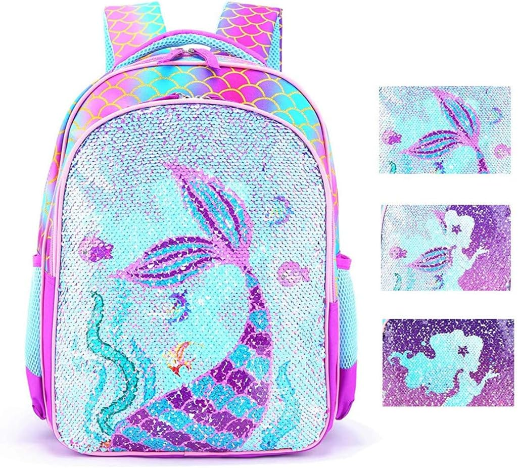 Reversible Sequin School Backpack Lightweight Little Kid Book Bag with Lunch Bag Set for Preschool Kindergarten Elementary