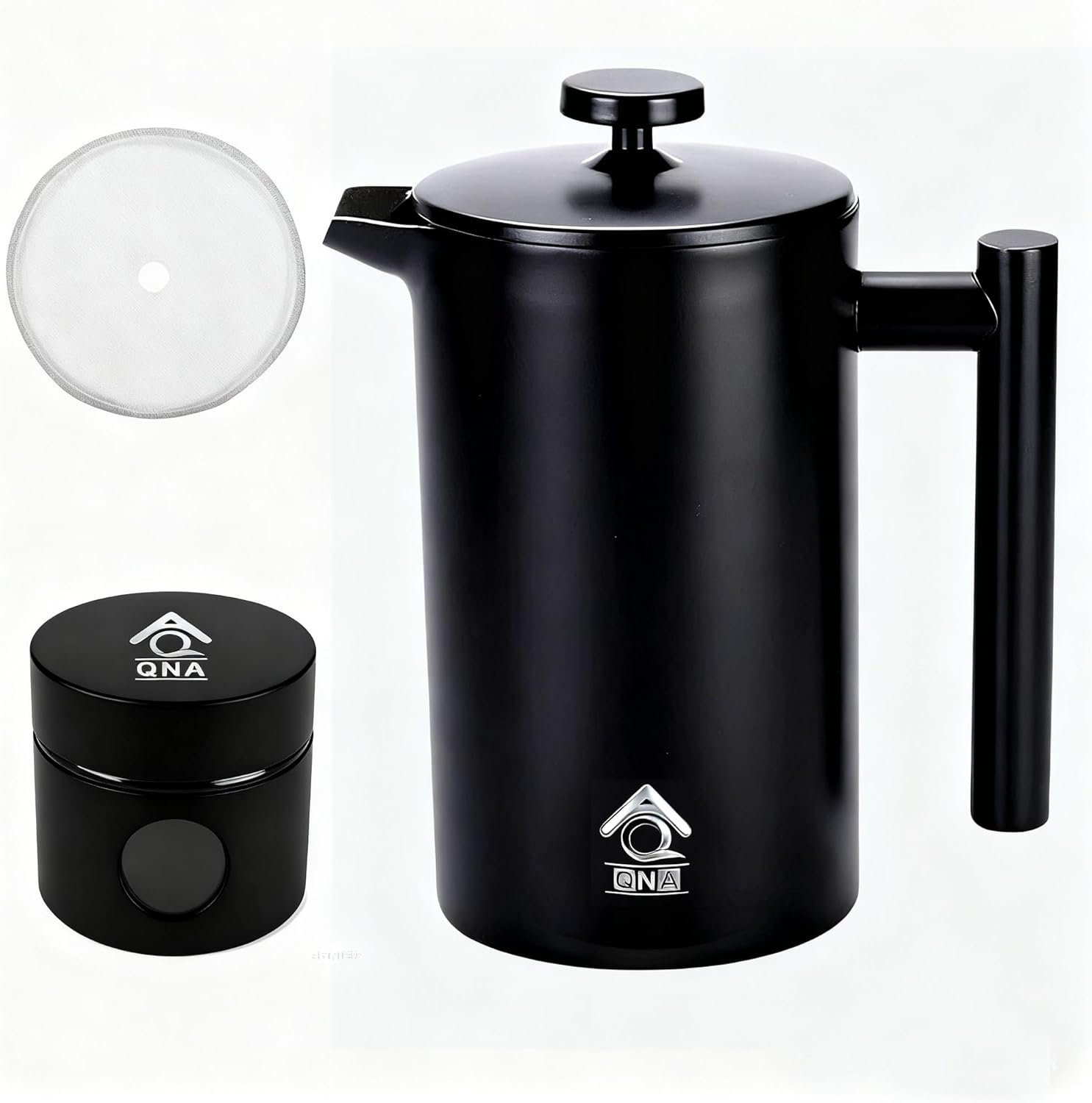 QNA French Press with Coffee Bean Canister Include an Extra Filter (350Ml/2 Cup), 304 Stainless Steel Coffee Plunger Tea Maker with Double Vacuum Insulation, No Coffee Grounds (350ML)