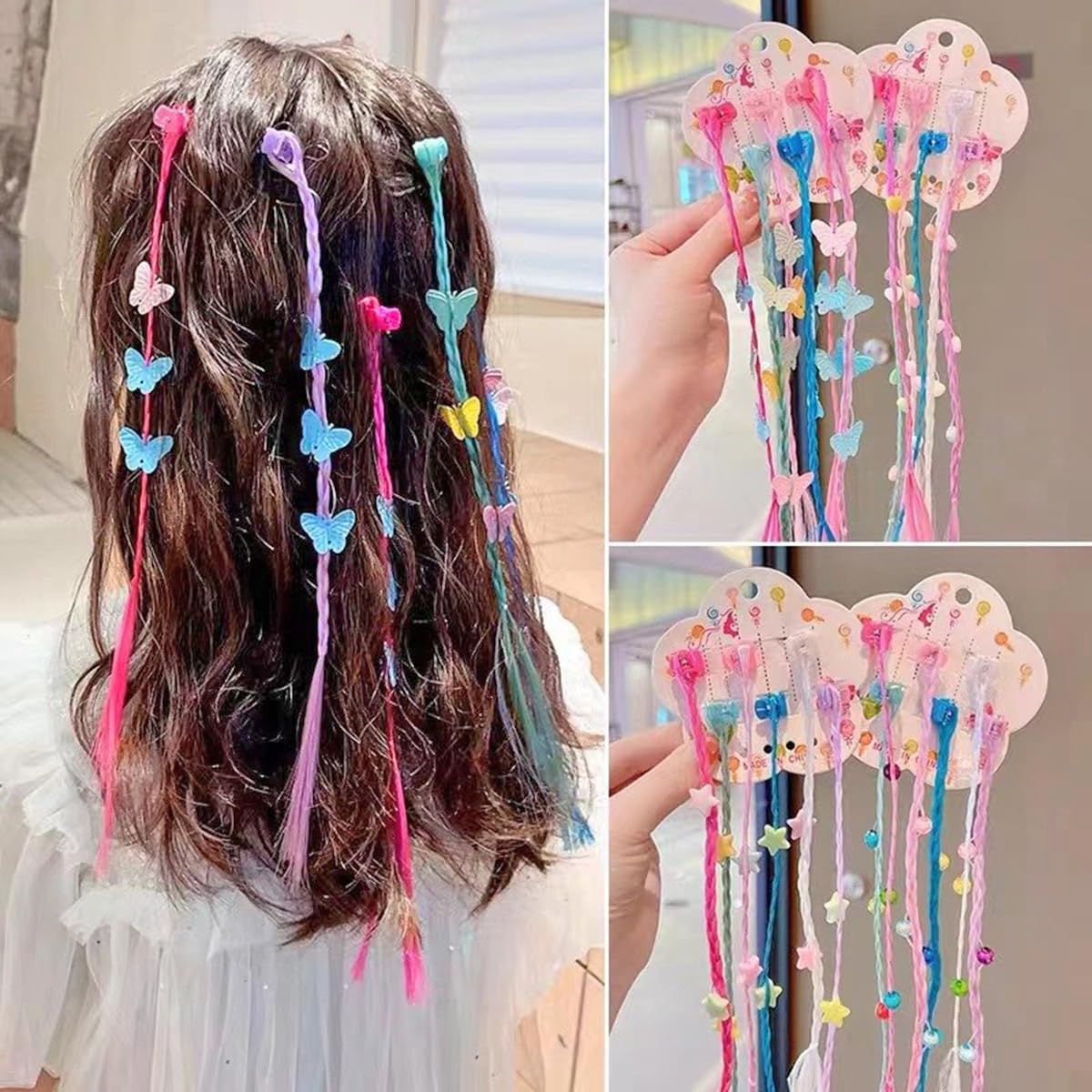 30Pcs/Set Colorful Children Wig Braid Colorful Hair Extensions, Fairy Headwear Accessories Candy Butterfly Star Princess Girl Gripper Clips Hairpin for Party Role-Play