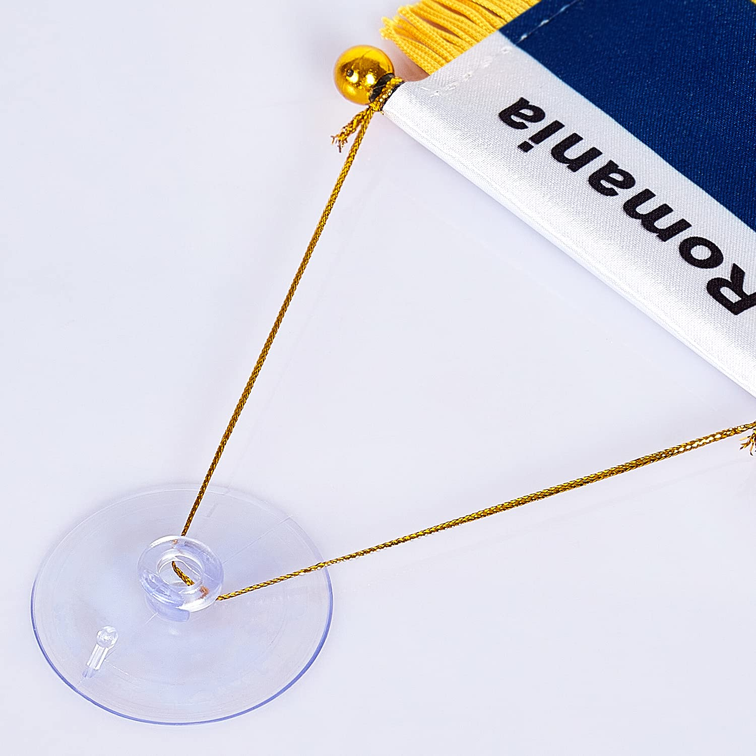 Zxvzyt 3 X 5 Inch Romania Window Hanging Flag Romanian Small Mini Car Flags Banners Rearview Mirror Decoration - with Suction Cup & Golden Fringy Banner(2 Pack) image number 4