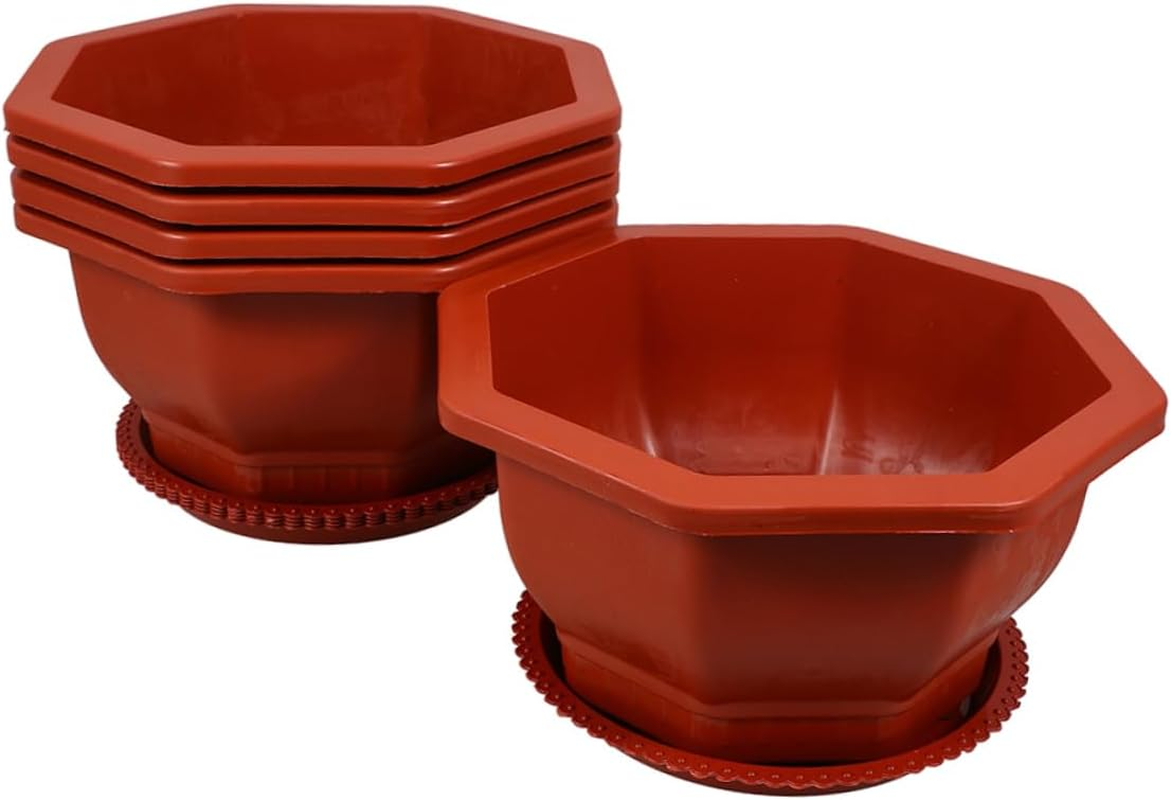 FONDOTIN 5Pcs Red Octagonal Thickened Flower Planter Pots with Drainage Tray for Indoor and Outdoor Gardening Small Plant Pots Set for Bonsai and Orchid Growing image number 6