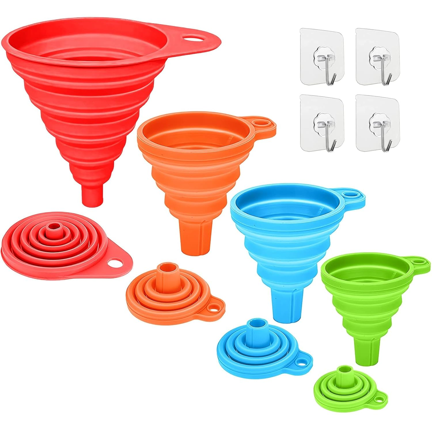 Silicone Collapsible Funnel, 4 Pcs Foldable Kitchen Funnels, Kitchen Funnel with 4 Pcs Transparent Adhesive Hooks for Filling Bottles, Liquid, Powder Transfer (Orange,Red,Blue,Green) image number 4