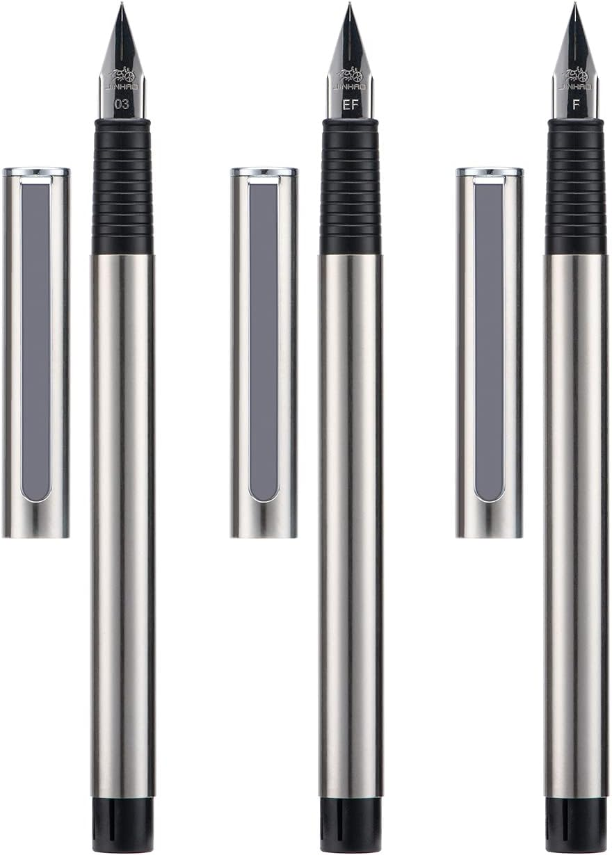 3PCS Jinhao 65 Silver Fountain Pen Set, Iridium Ultra Fine & Extra Fine & Fine Nib, Smooth Writing Pen with Converter Set