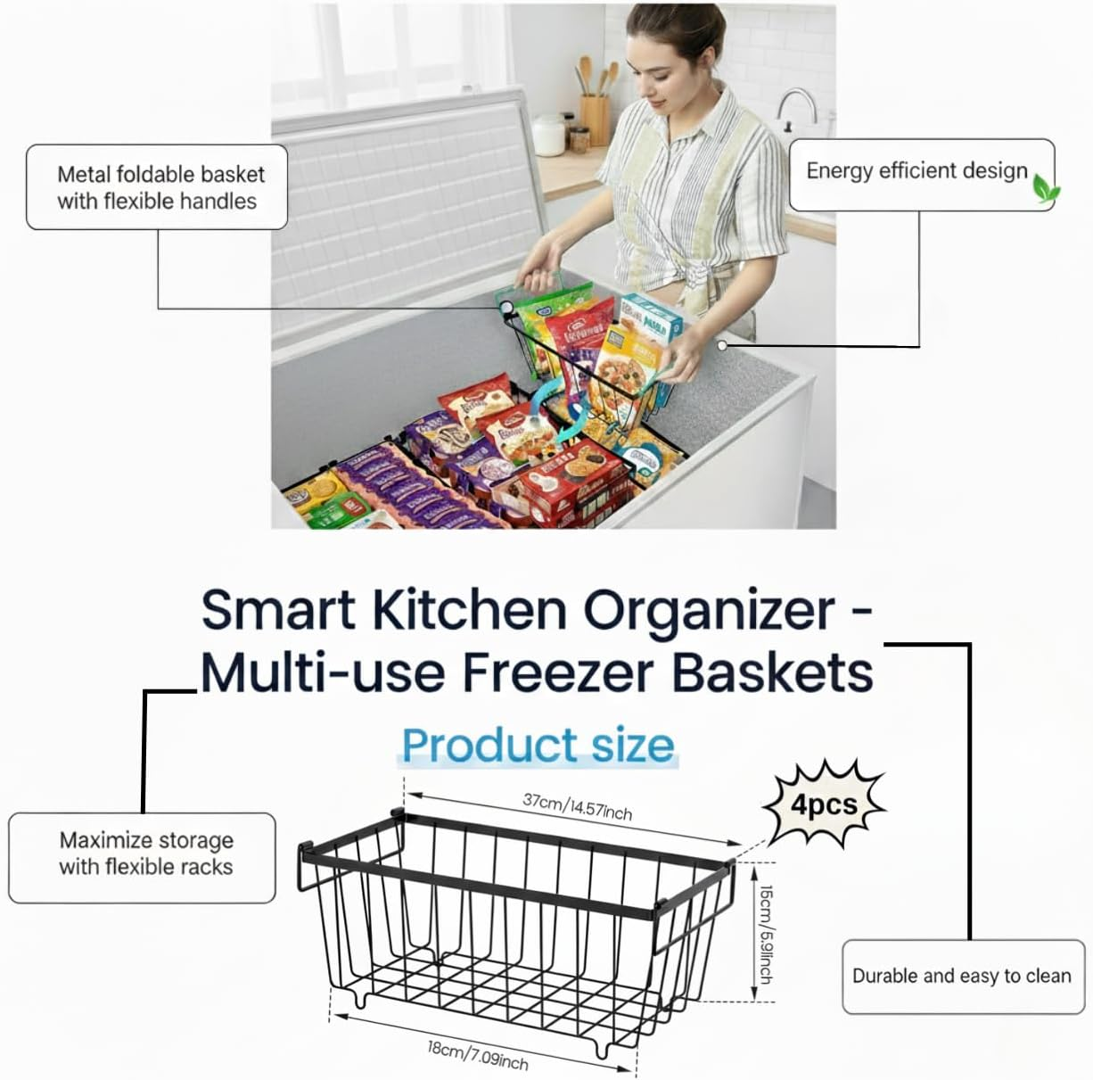 4 Pack Freezer Organiser Bins for Chest Freezer, Stackable Folding Metal Large Freezer Organizer Bins, Deep Freezer Drawer & Rack Baskets, Hanging Storage Fridge Organiser with Handles image number 4