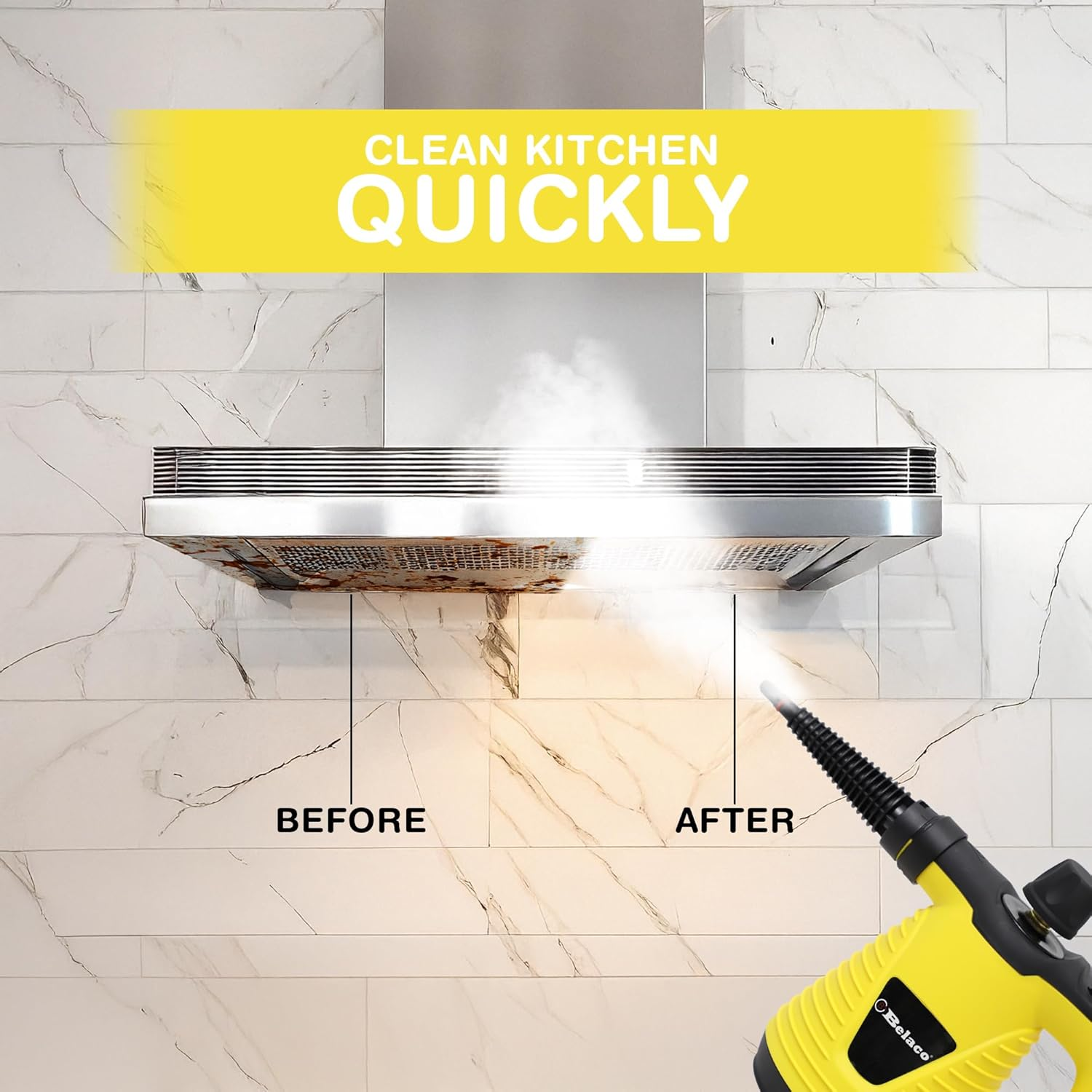 Belaco Multipurpose Steam Cleaner Handheld with 9 Pieces Accessory Kit for Multipurpose Yellow Portable Steamer for Stain Removing Tiles Kitchen Bathroom Garment Car Seats & More 1050W British Plug image number 1