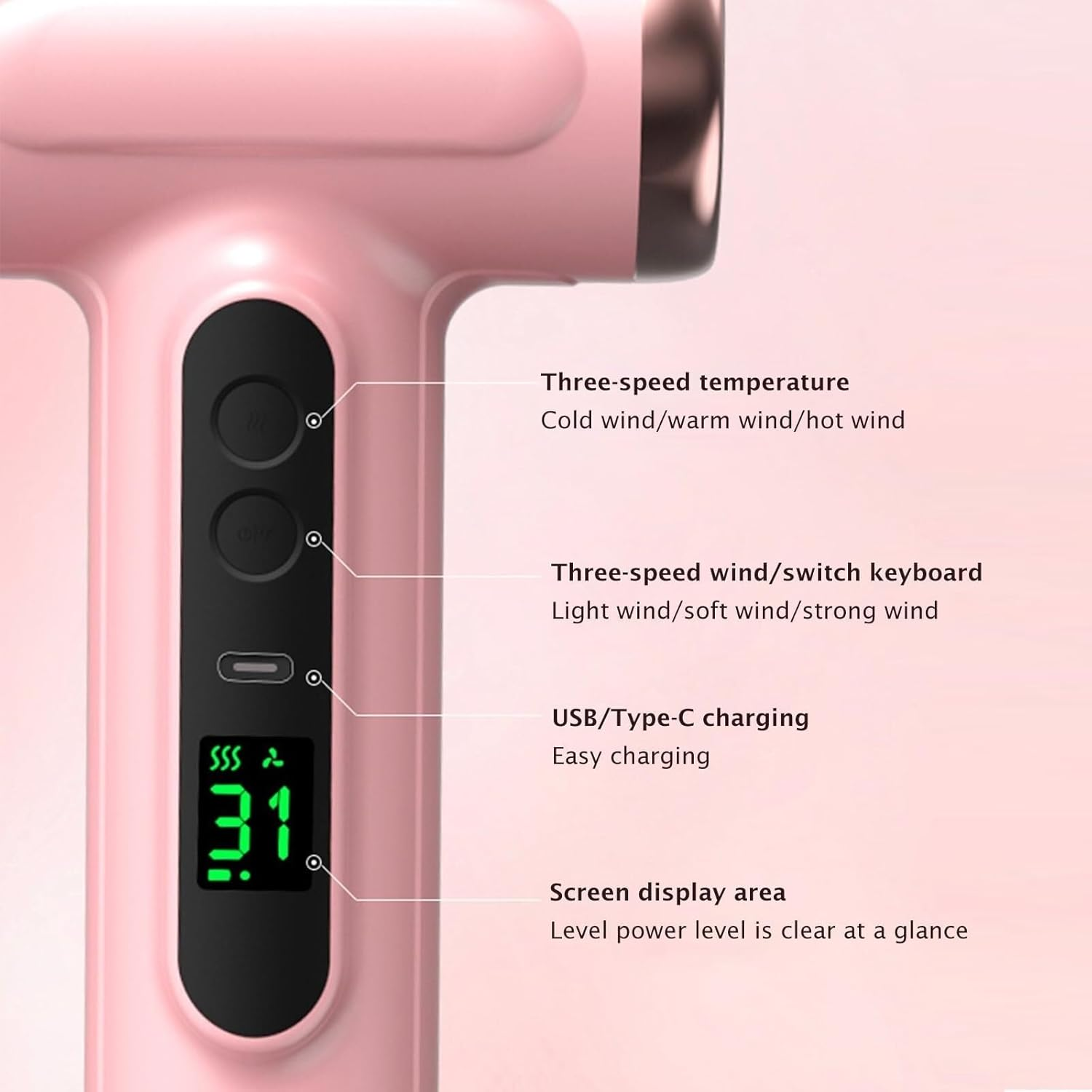 Cordless Travel Hair Dryer Rechargeable, 3 Speeds or 3 Temperatures, Digital Screen Compact, Lightweight, Fast Drying for Women or Men on the Go (Pink) - Pink image number 5