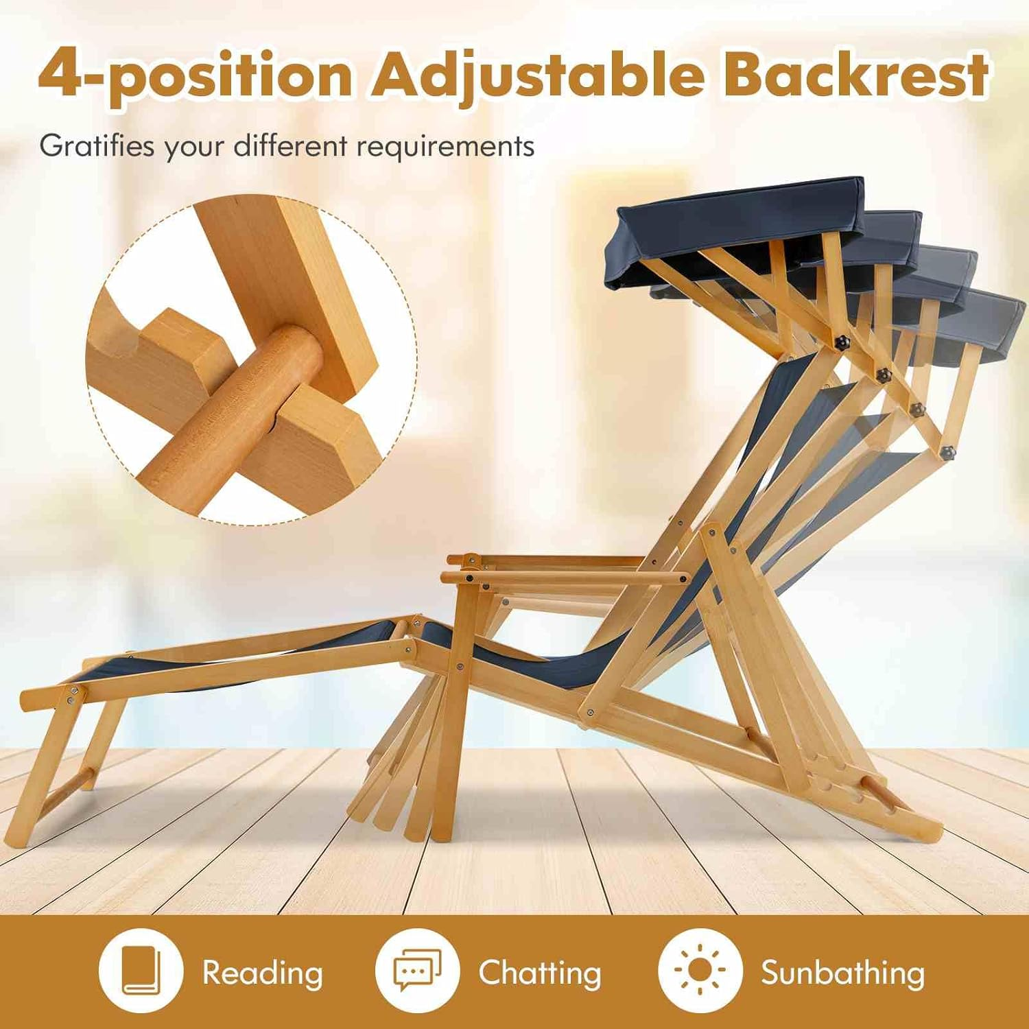 Costway Outdoor Birch Wood Chaise Lounge Chair, Foldable Beach Lounge Chair with Adjustable Canopy, Reclining Backrest and Footrest with Replacements for Patio Poolside (Navy + Natural) - Brown + Natural image number 5