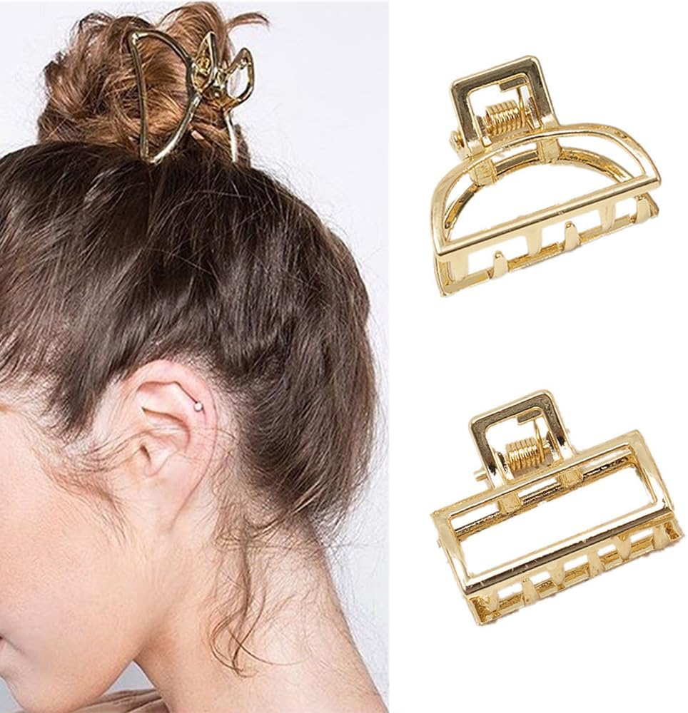 2PCS Small Metal Hair Claw Clips, Mini Gold Hair Clips for Women Thick Thin Hair, Non-Slip Jaw Clamp Clips for Women Girls Hair Accessories