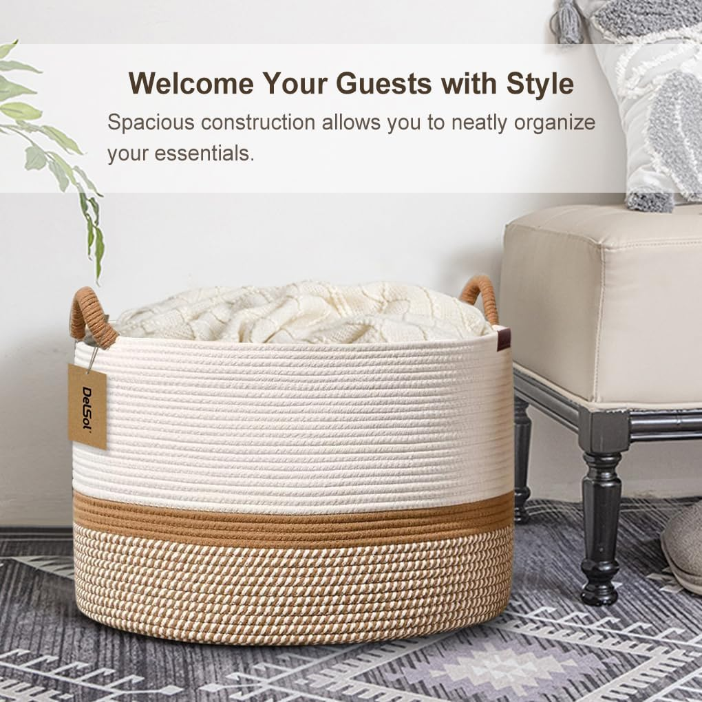 Delsol Large Blanket Basket Woven Wicker Nursery Cotton Rope Baskets for Storage Pillows Clothes Toy Organizer Hamper with Handle (Camel & White) image number 4