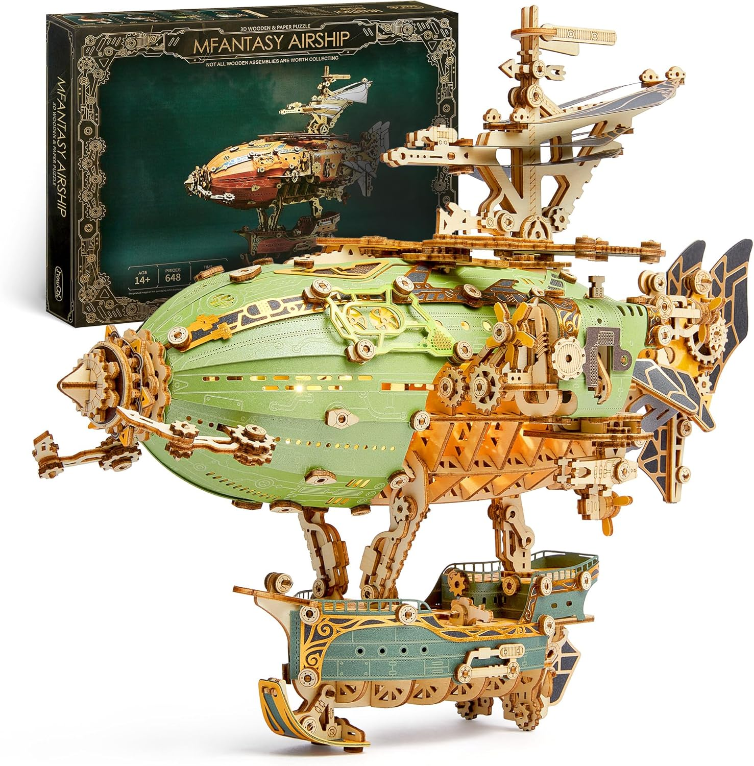 LED 3D Wood Puzzle Fantasy Airship Model - Steampunk DIY Craft Kit with LED Lights &ndash; Intricate Wooden Airship Model Building Set for Teens and Adults (Gray)