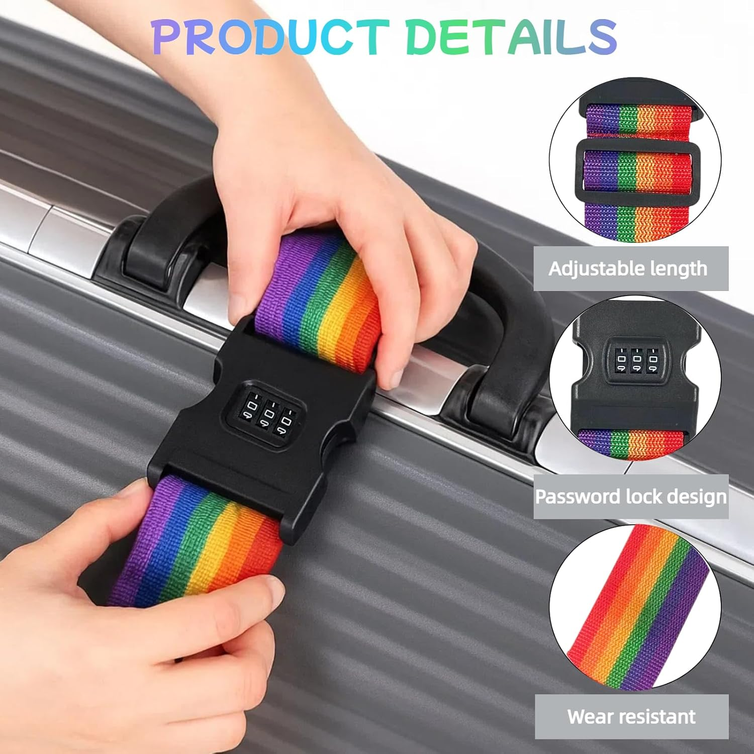 Adjustable Suitcase Strap Strap, Travel Contracts with 1-Piece Suitcase Strap with Combination Lock, 5 X 180 Cm, Safe and Durable Luggage Strap for Identification and Security (Iridescent) image number 2