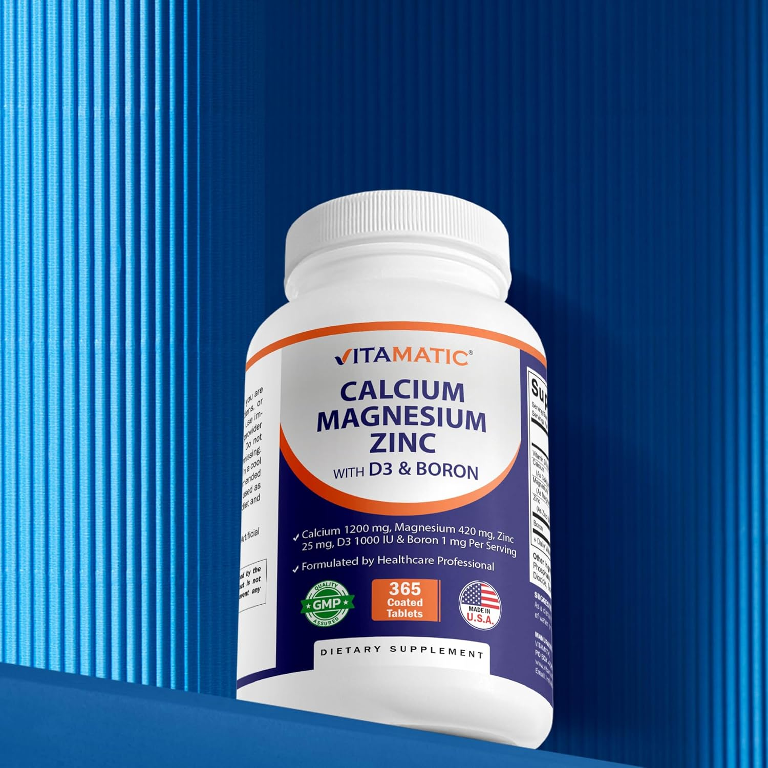 Vitamatic Calcium Magnesium Zinc D3 Boron | 365 Coated Tablets Supplement | Calcium 1200 Mg, Magnesium 420Mg, Zinc 25Mg, Vitamin D3 1000 IU, Boron 1 Mg | Non-Gmo | Gluten Free | Made in USA image number 1