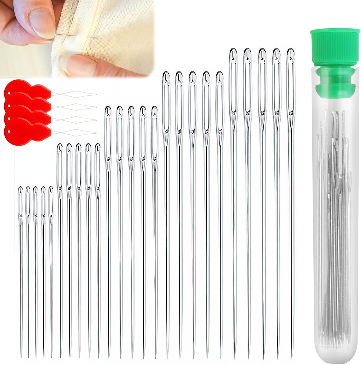 25 Pcs Sewing Needle Set with 4 Threaders - Stainless Steel Large-Eye Hand Needles (5 Sizes,4-6Cm) for Knitting, Embroidery, Mending & Quilting - Includes Clear Plastic Storage Bottle image number 6