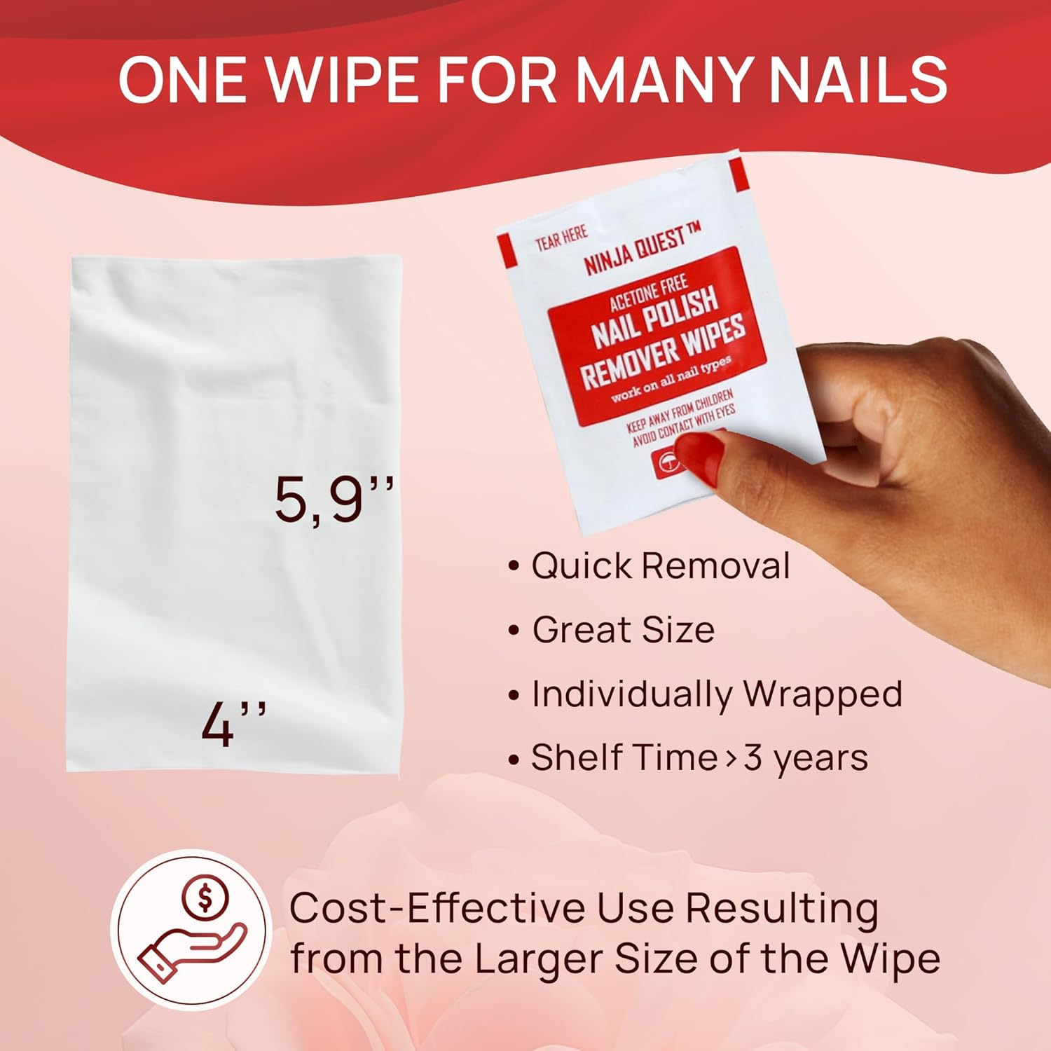 Nail Polish Remover Pads - 100% Non-Acetone - 50 Pack Bulk Set - Individually Wrapped - Quick Nail Polish Remover Wipes - Fingernail Travel Kit to Clear Nail Polish for Home & Professional Removal image number 5