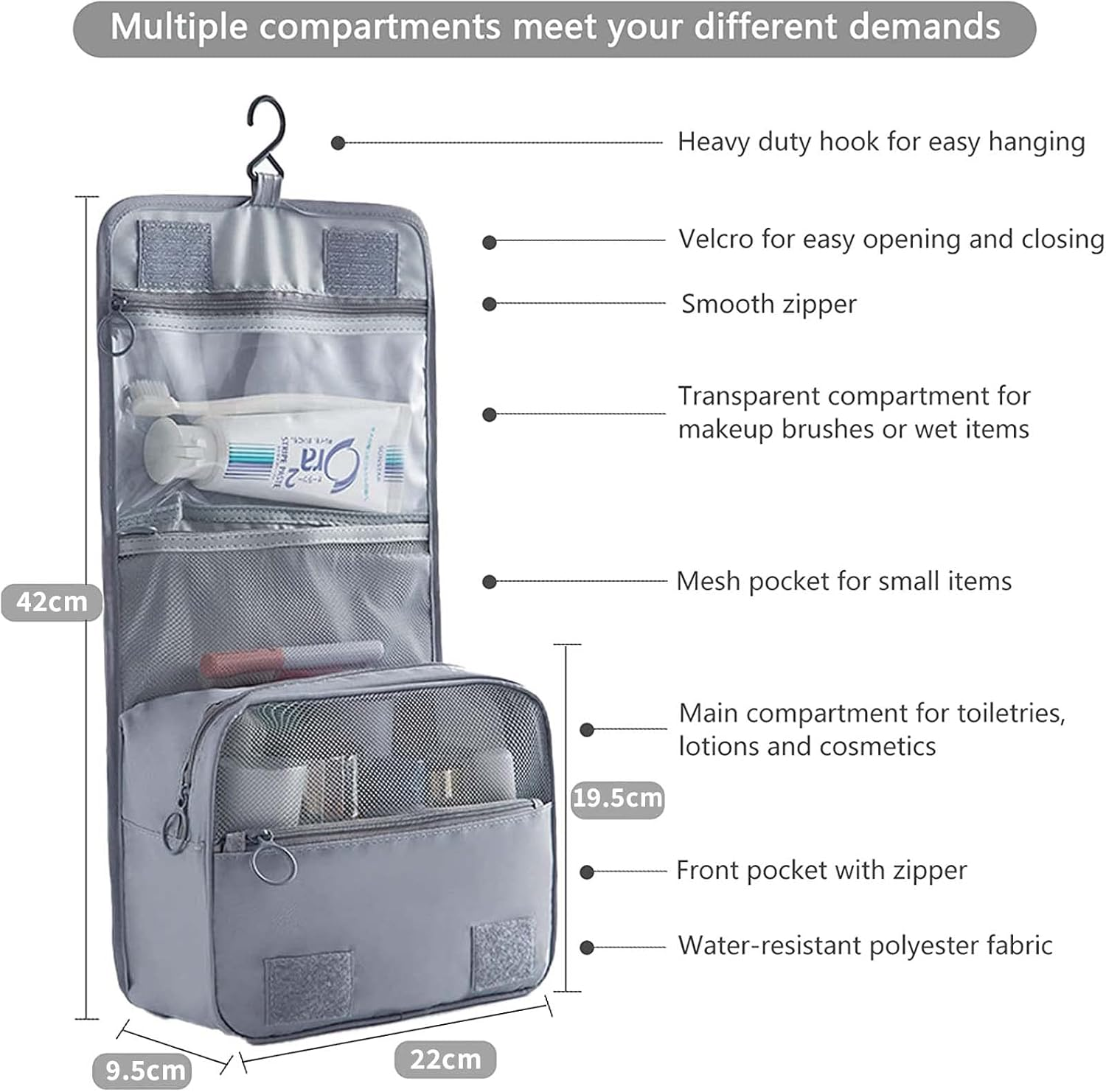 DAWNTREES Grey Hanging Travel Toiletry Bag Cosmetic Make up Organizer for Women and Girls,Travel Accessories,Make up Bag Toiletries Waterproof. image number 2