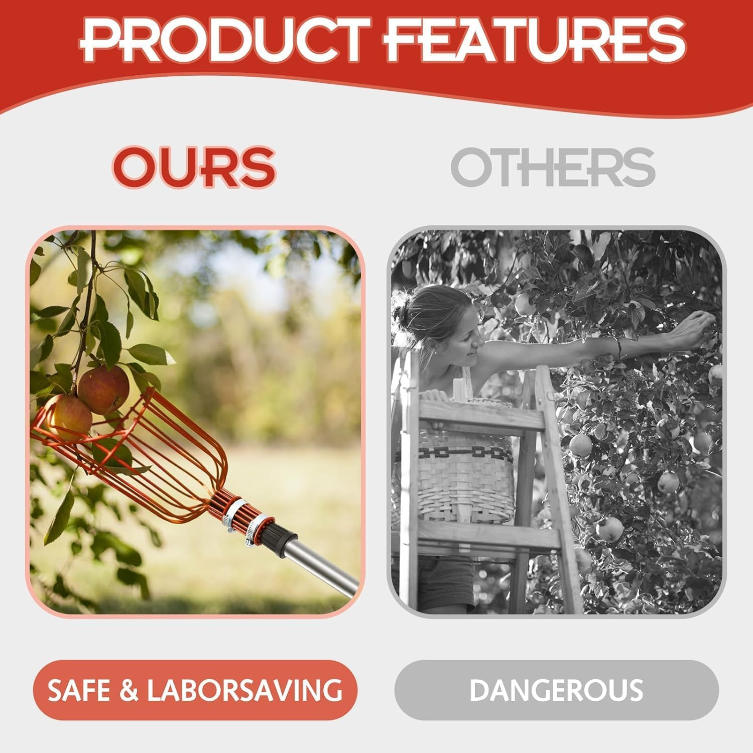 8 Ft Fruit Picker Tool,Fruit Picker Pole Adjustable Fruits Picker Too for Mango Apple Avocado Orange Cherry Pear Picking, Lightweight Sturdy Fruits Catcher with Extra Carrying Bag (1)