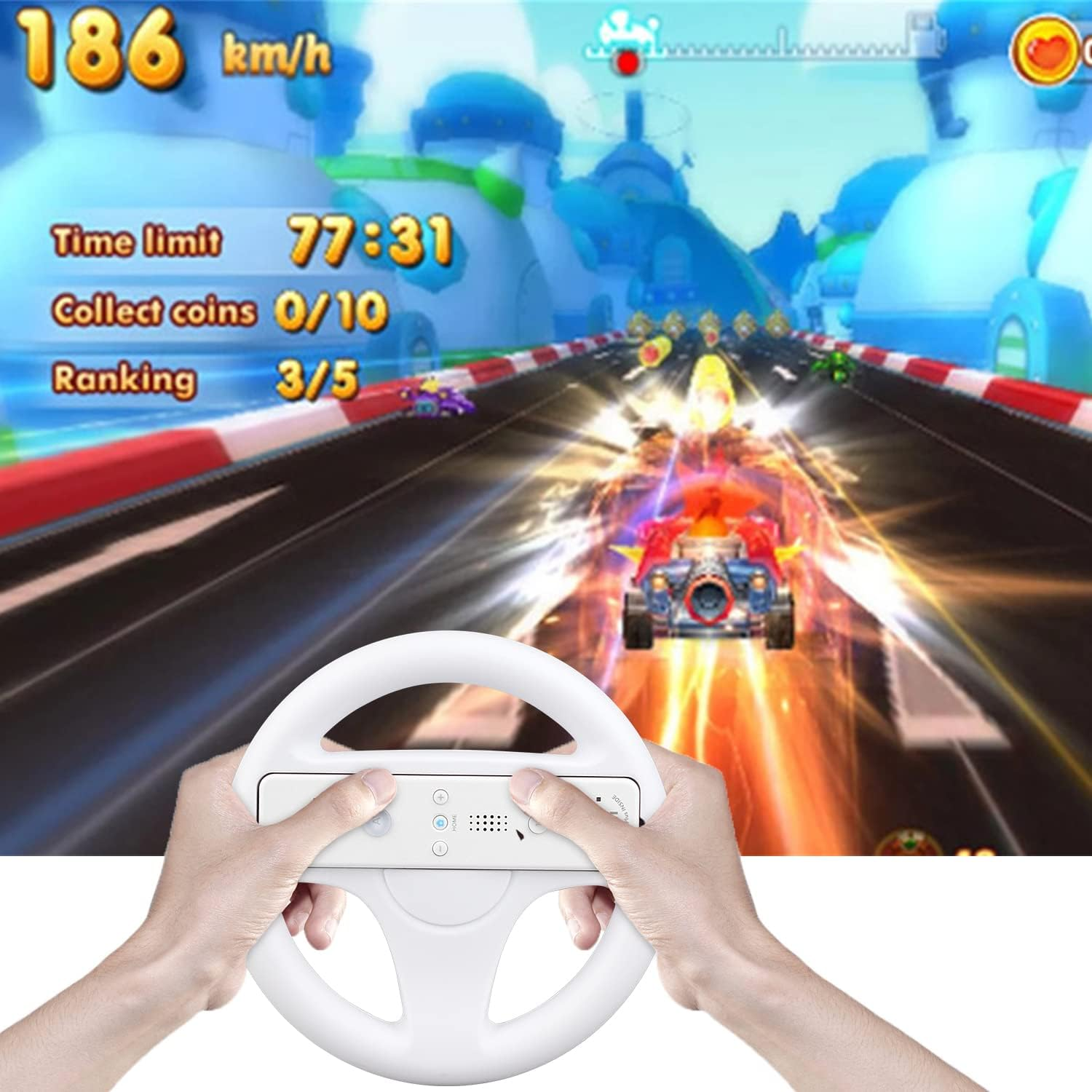 OSTENT Mario Kart Racing Games Steering Wheel Compatible for Nintendo Wii Remote Controller Color White image number 4