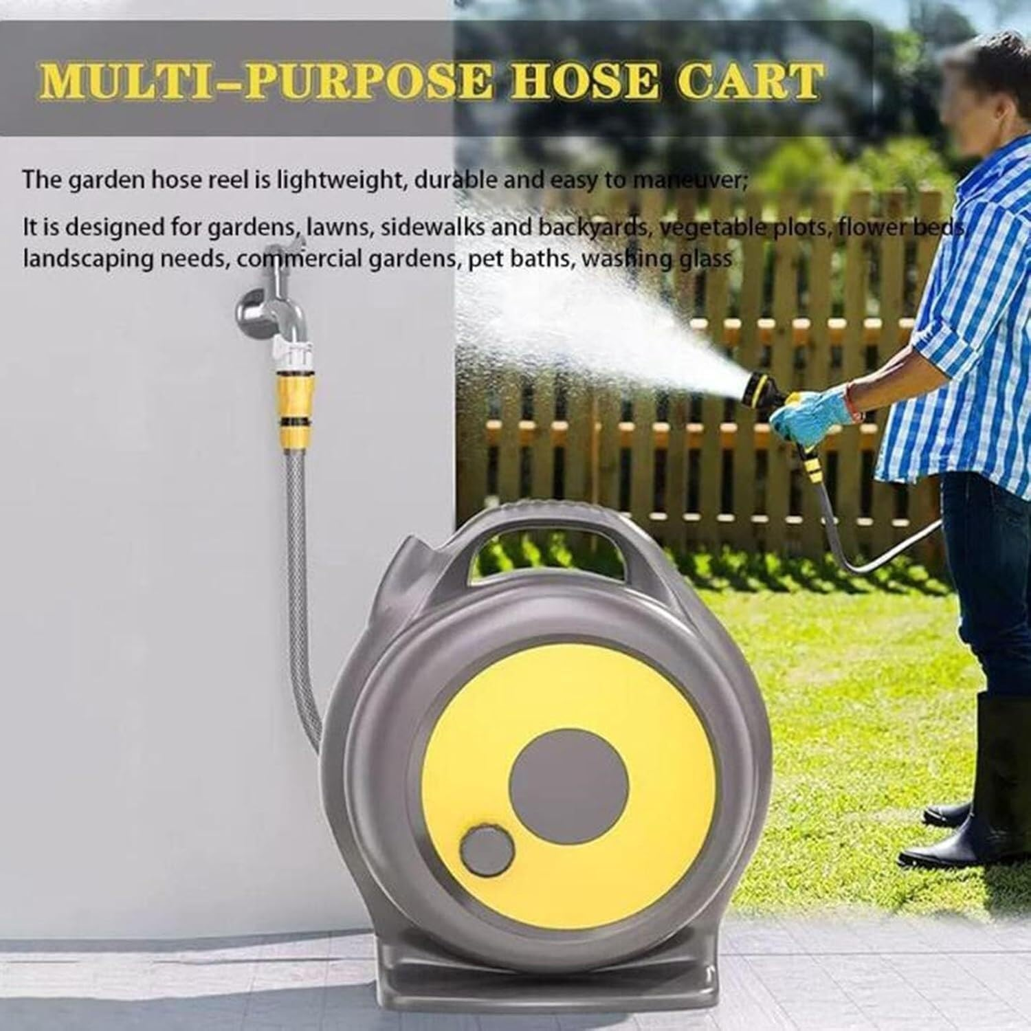 Retractable Garden Hose Reel, 22M Garden Pressure Washer Hoses Reel Cart with 10-Pattern Spray Nozzle, with Hose Guide, Multifunctional for Car Washing, Vegetable Watering Outdoor Cleaning (22M) image number 2