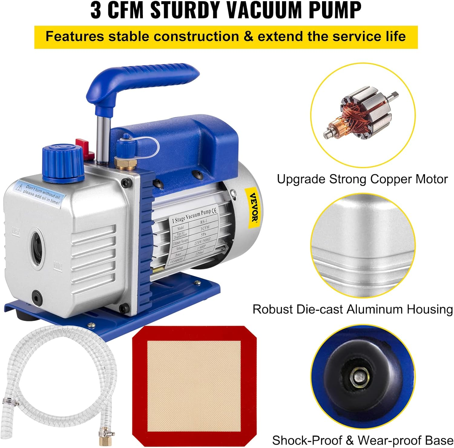 VEVOR 3 CFM 1/4HP Single Stage Vacuum Pump,3 Gallon/13 L Vacuum Chamber Kit, HVAC A/C Refrigeration Kit image number 6
