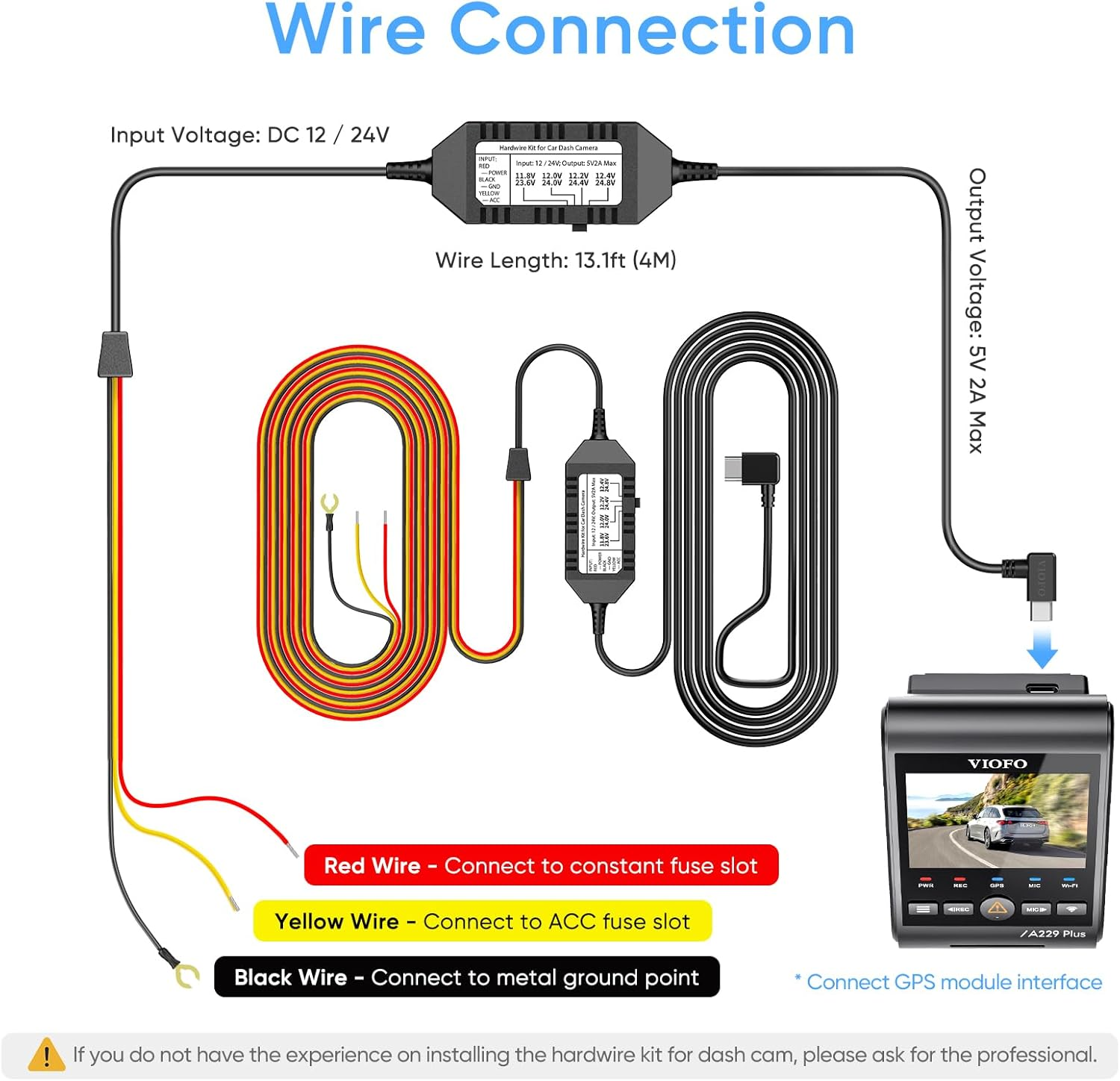 VIOFO HK4 Acc Hardwire Kit, USB-C Hard Wire Kit for T130/ A119Mini/A229Duo Dash Cam, Low Voltage Protection for Parking Mode image number 5