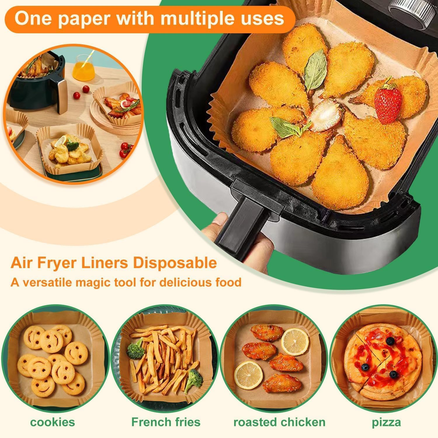 250 Pcs Air Fryer Liners Square 20-25 Cm Disposable Air Fryer Paper for 5&ndash;8 Litre Airfryers, Non-Stick Adjustable Fit for Philips, Ninja, Tefal, Oven & Microwave Oil Free Cooking - 5-8 Inch image number 3