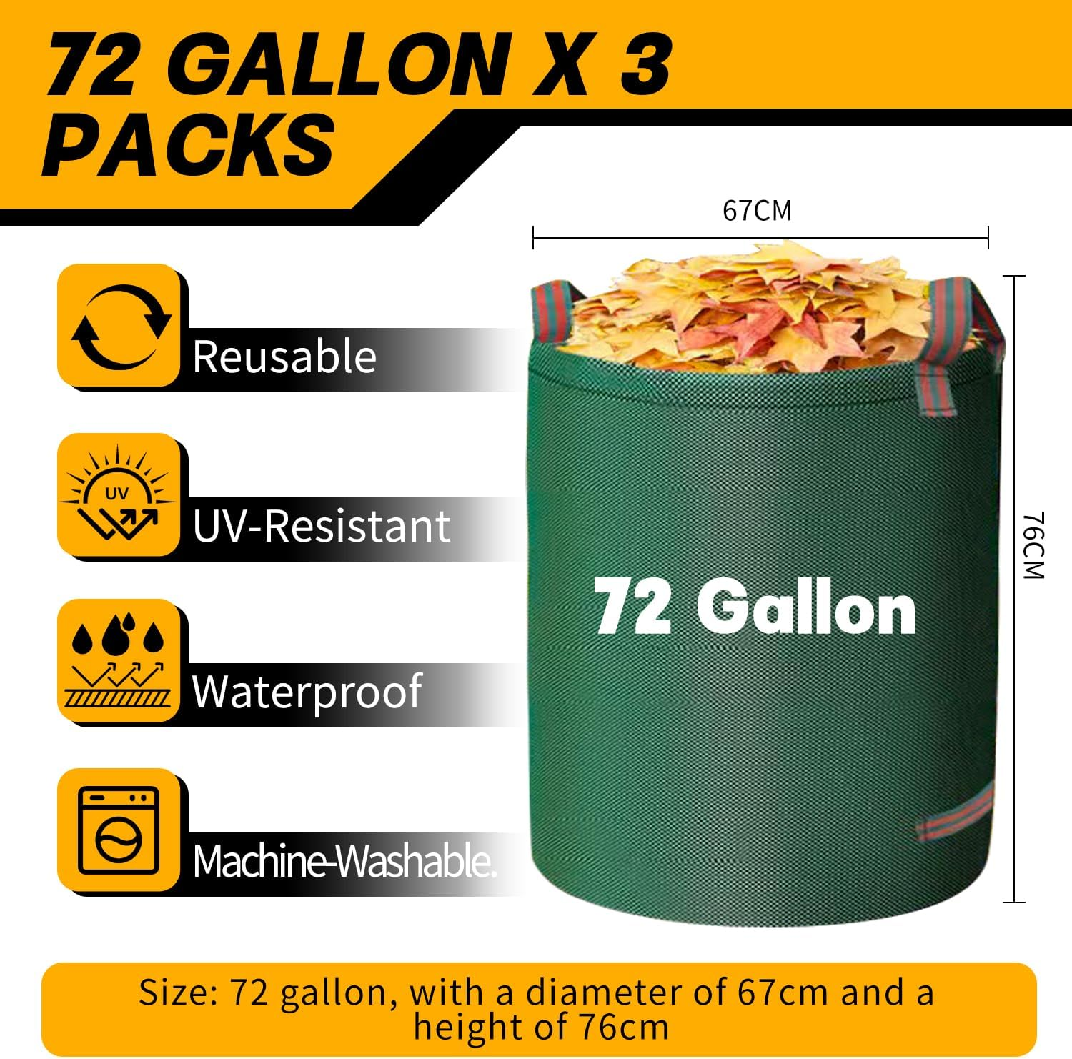 Garden Waste Bags 3 Pack (272L) &ndash; Reusable Garden Waste Bags, Heavy Duty Green Waste Bags, Garden Bag with Reinforced Handles for Leaves, Grass Clippings & Garden Rubbish, Garden Bags. image number 2