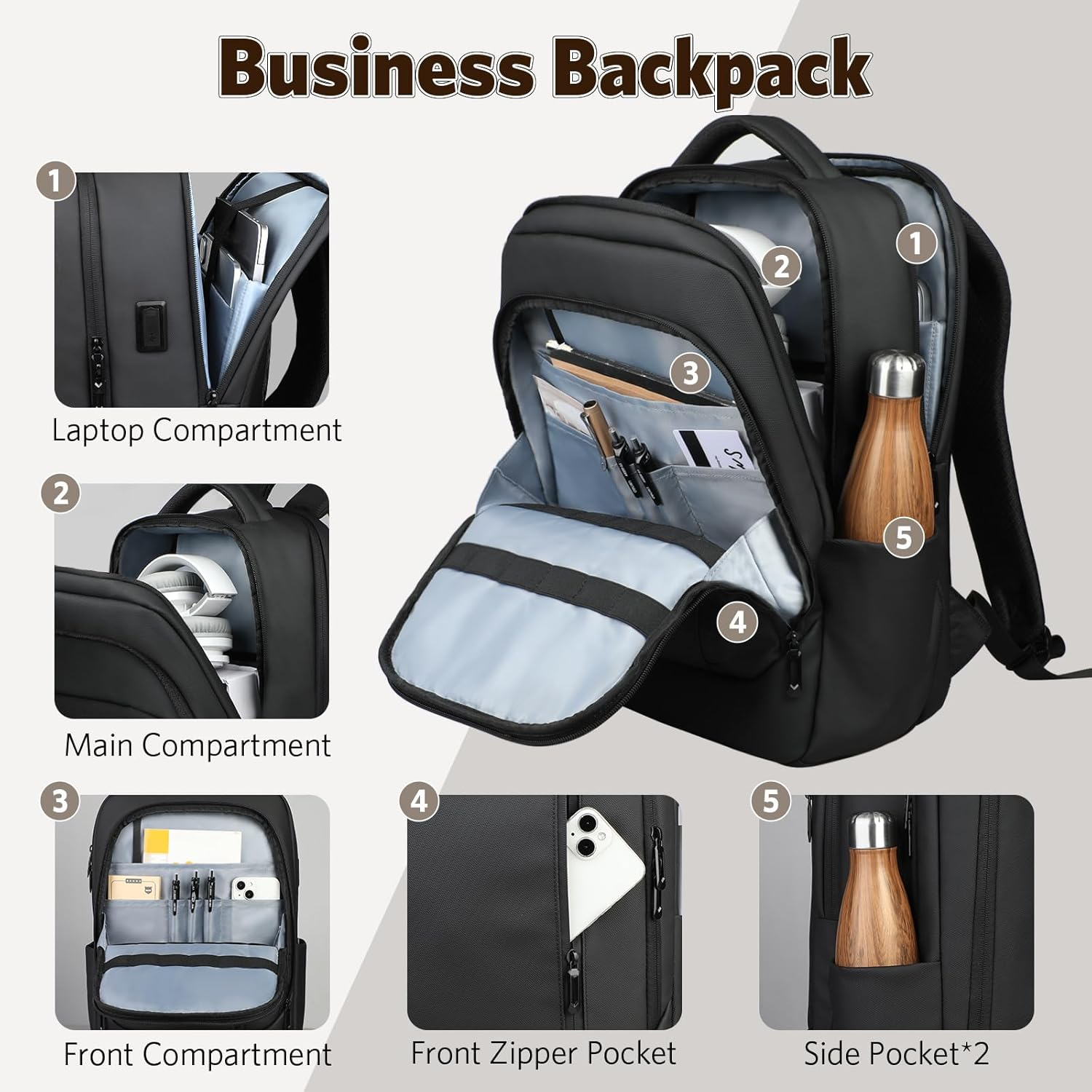 17 Inch Laptop Backpack for Travel, Business Laptops Backpack with USB Charging Port for Men/Women, Water Resistant Work Computer Backpack, Lightweight College Laptop Backpack Bag - Black image number 3