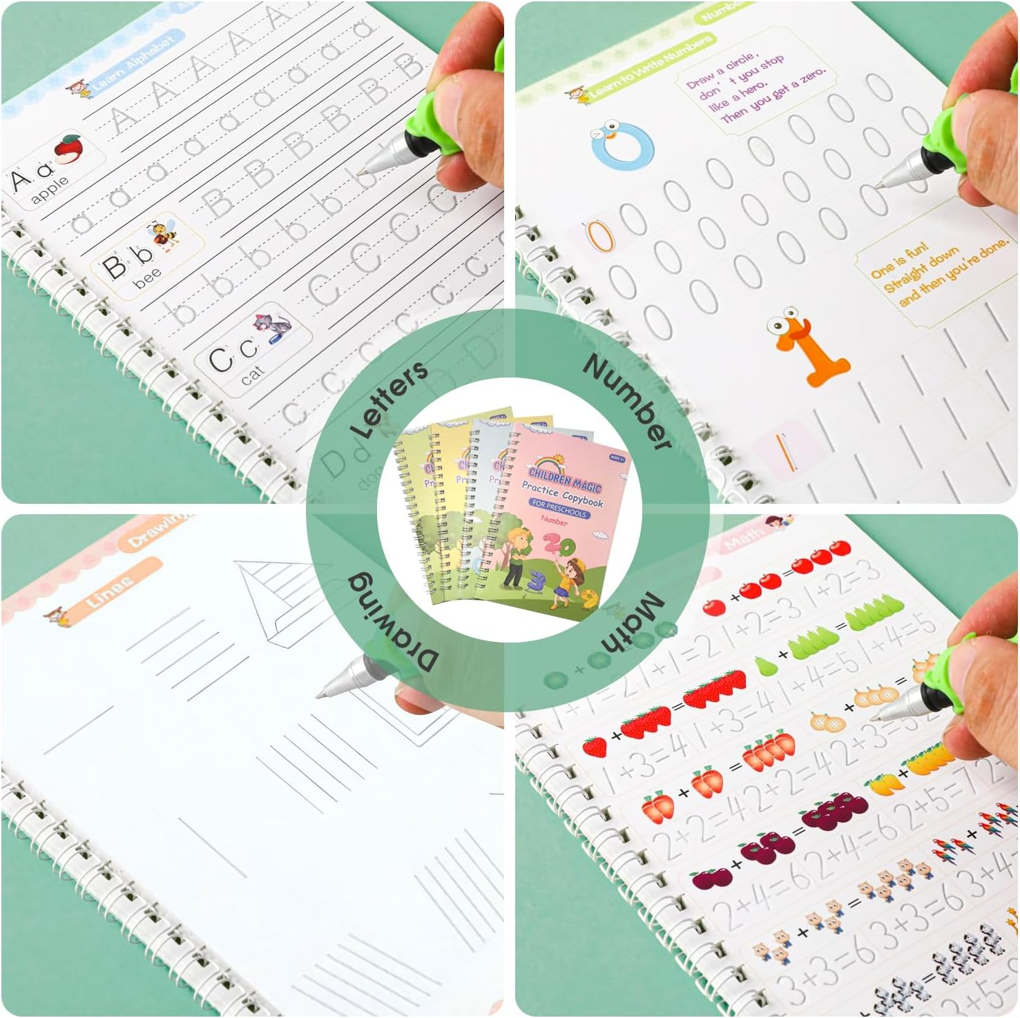 Chamgeco 4-Pack Reusable Magic Ink Practice Copybooks, Grooved Handwriting Workbook Caligraphy Beginners Set with Pen Refill, Preschool Number Letter Tracing Writing Book for Kids Ages 3-6 image number 2