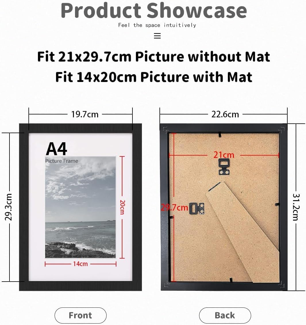 A4 Picture Frame, Black Wooden Frame for Photo Frame, A4 (21X29.7 Cm) Poster Frames with Mat, A4 Frame with Mount and Plexiglass for Wall Mount Vertically or Horizontally-2 Packs image number 5