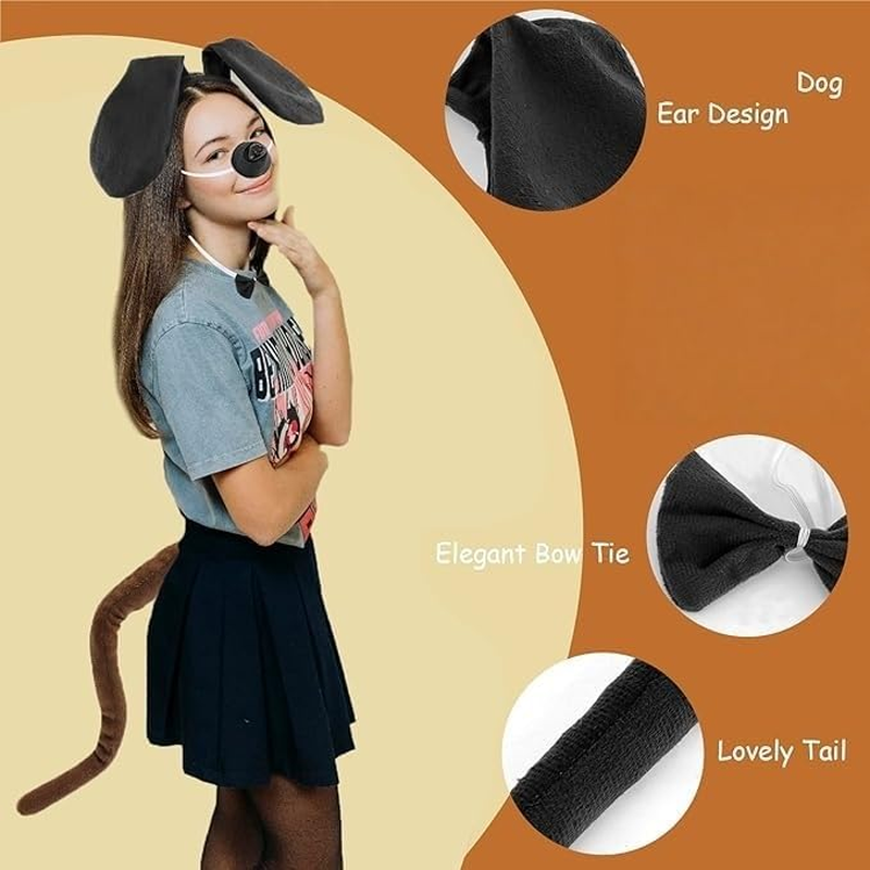 Dog Costume Set, Dog Ears Headband Tail Bow Tie Presents, Puppy Animal Ears Costumes Party Accessories for Women (Black, Pack of One) image number 1