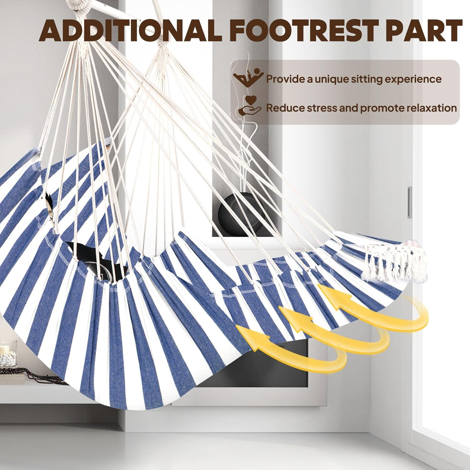 Chihee Hammock Chair Hanging Chair with Foot Rest 2 Cushions Max 500Lbs Robust Metal Spreader Bar Collapsible Easy Storage Soft Cotton Swing Chair Strong Strap Iron Carabiner Side Pocket Included