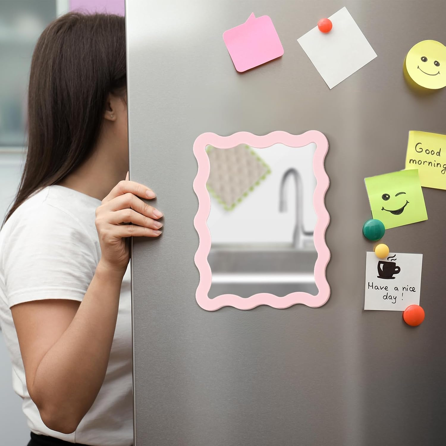 Leinuosen Scalloped Magnetic Locker Mirror 5''X7'' Small Real Glass Makeup Mirror with Magnetic Backing Cute Locker Decorations for Office Cabinet Lockers Accessories(Light Pink)