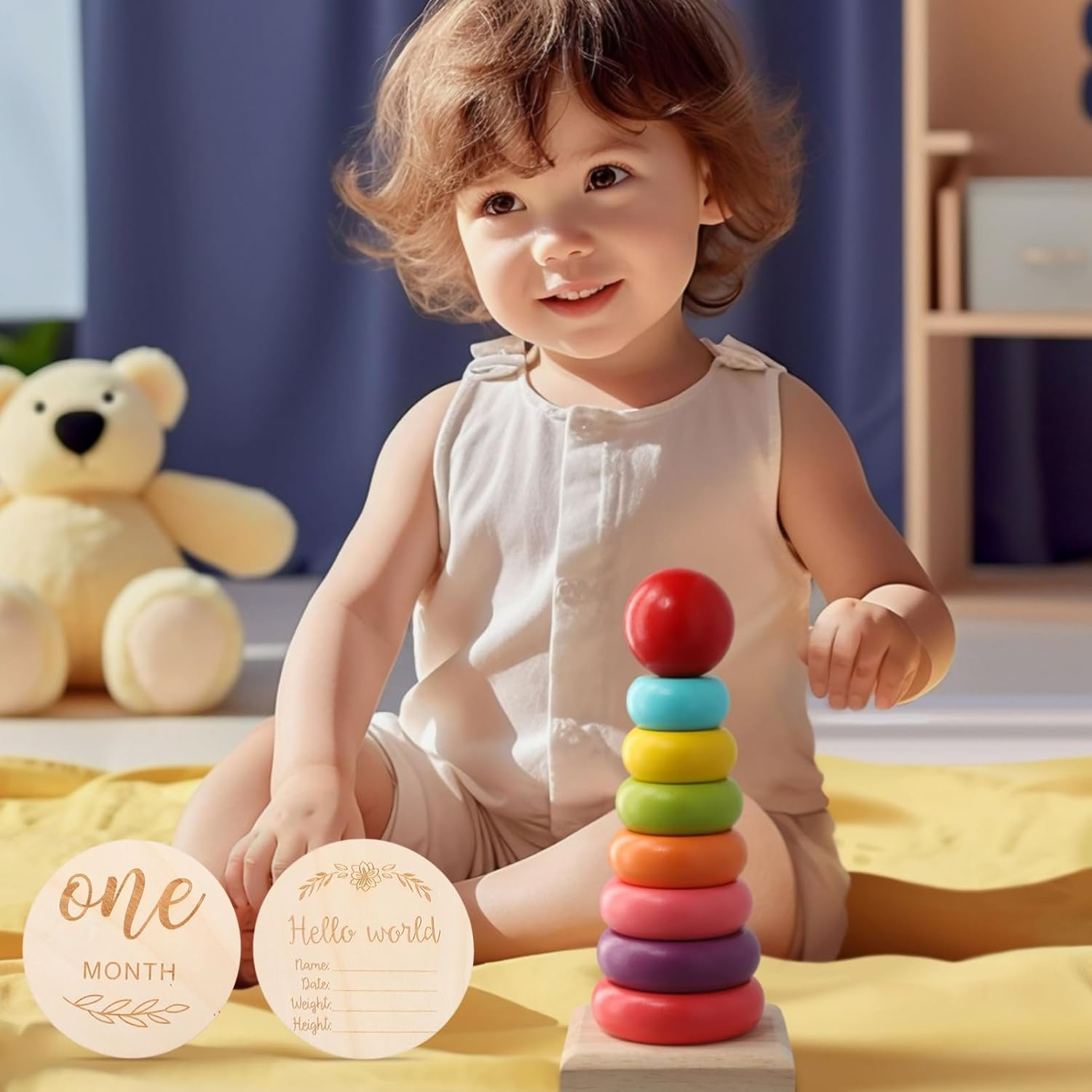 12Pcs Monthly Milestone Wooden Discs Photo Prop Growth Commemorative Cards Photo Cards Newborn Keepsake Plaque for Documentation image number 2