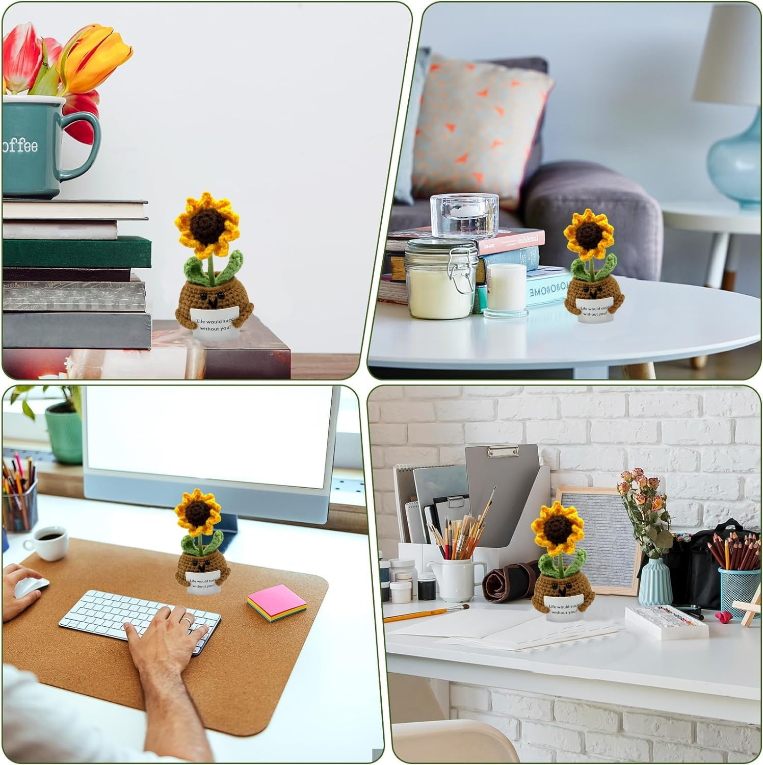 Positive Crochet Potted Plant Doll Mini Cute Sunflower Crochet Life Funny Knitted with Positive Card Emotional Support Potted Plant Creative Gifts for Friends Party Decoration Encouragement image number 3