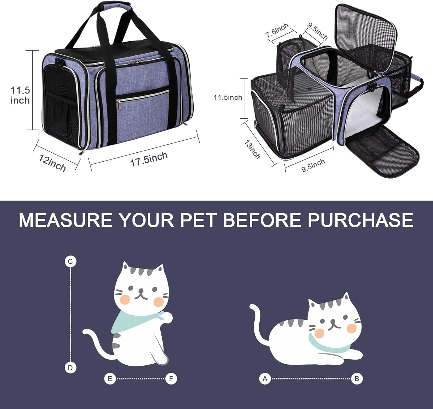 BAGLHER Cat Carrier Bag,Airline Approved Pet Carrier Soft Side Pet Travel 5 Sides Open Doors 3 Sides Expandable Foldable Dog Carrier with Fleece Pad image number 6